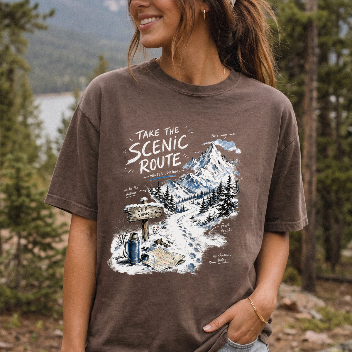 Take the Scenic Route Winter Edition Comfort Colors Shirt – Scenic Hiking Tee