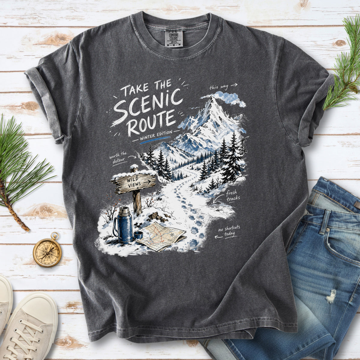 Take the Scenic Route Winter Edition Comfort Colors Shirt – Scenic Hiking Tee