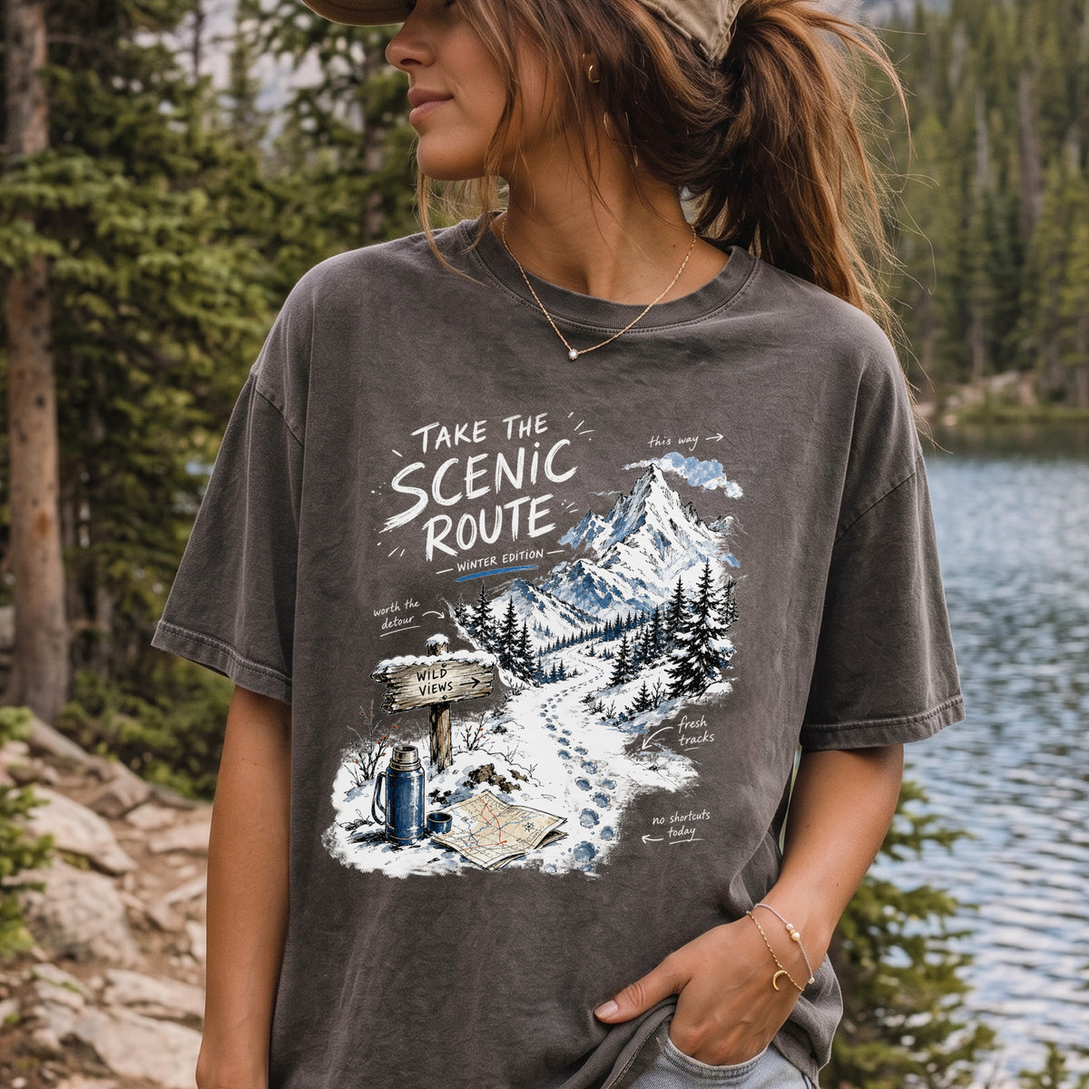 Take the Scenic Route Winter Edition Comfort Colors Shirt – Scenic Hiking Tee