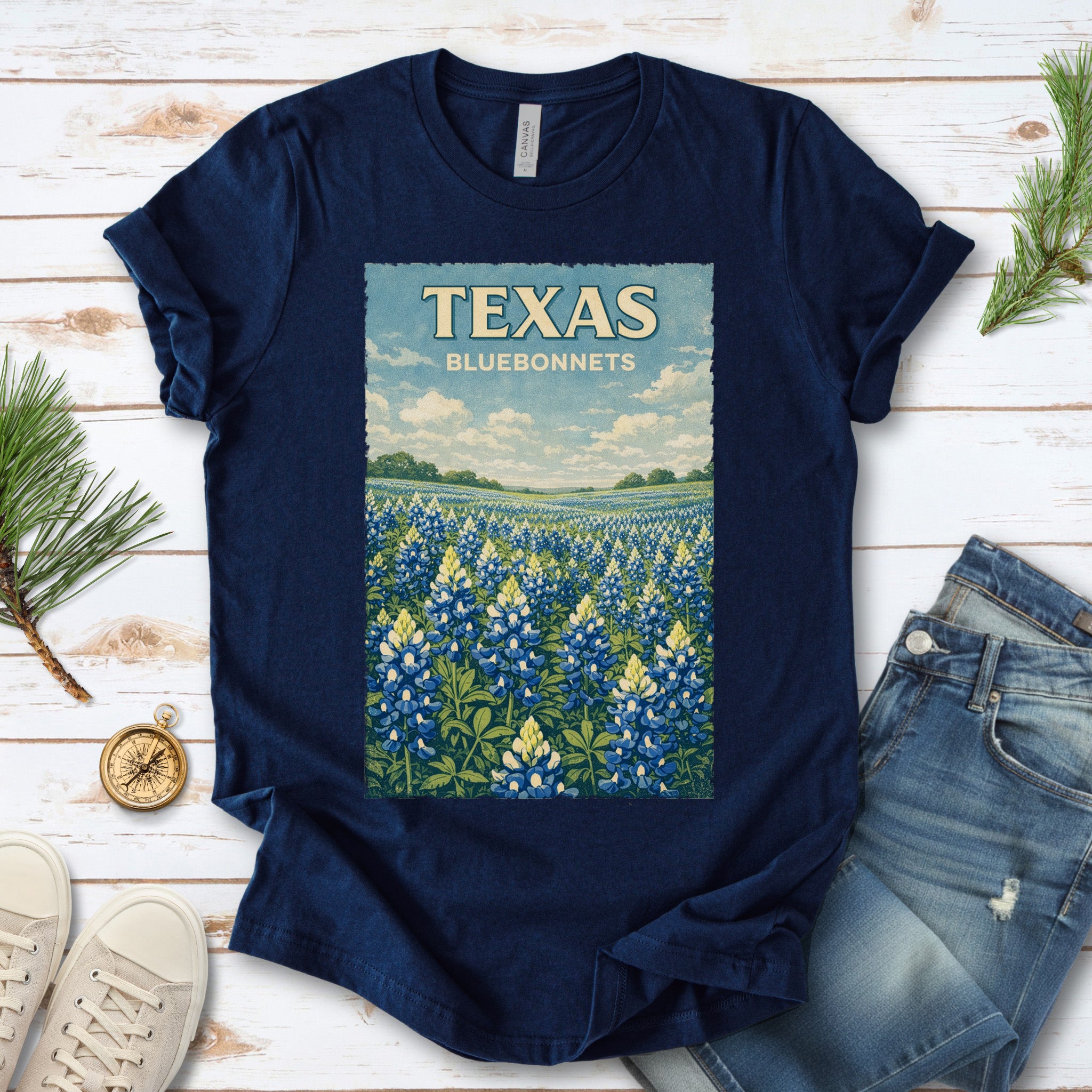 Texas Bluebonnets Wildflower Field Vintage Botanical Nature T-Shirt