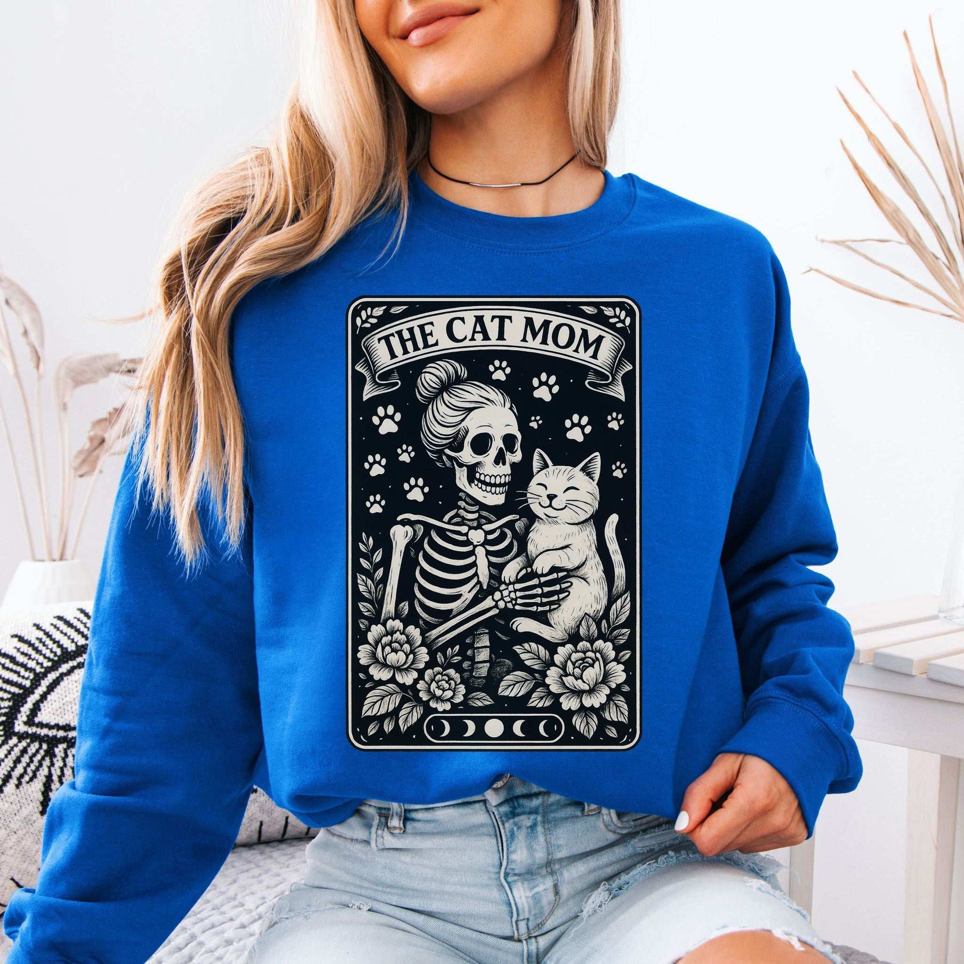 Cat Mom Skeleton Tarot Sweatshirt – Spooky Gothic Style for Cat Lovers