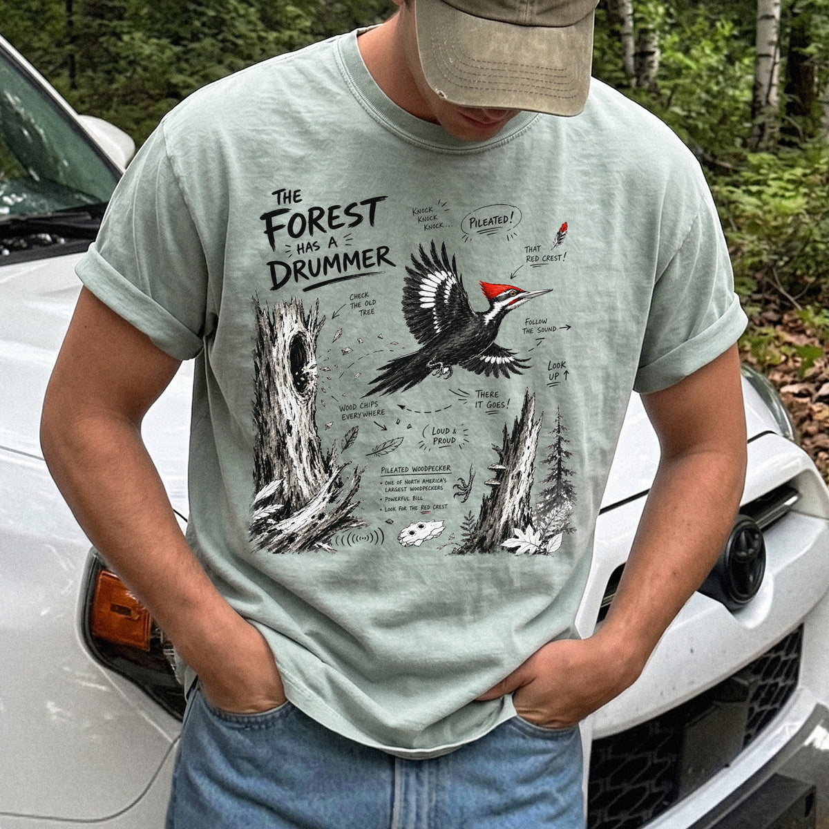 The Forest Has a Drummer Comfort Colors Shirt – Pileated Woodpecker design of a Pileated Woodpecker illustrated in flight with its vivid red crest, surrounded by old tree trunks, wood chips, and forest details, printed on a Bay T-shirt.