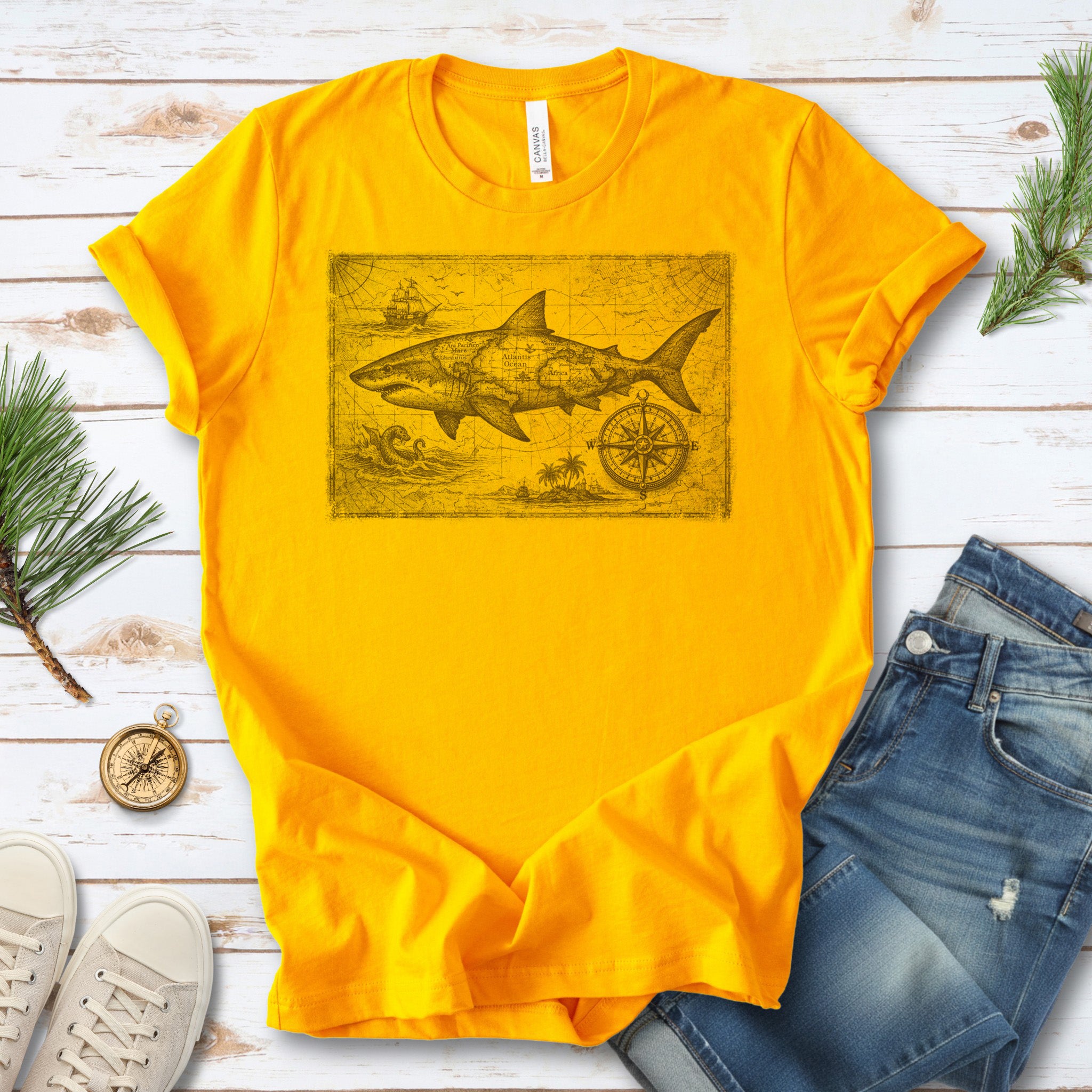 Great Ocean Shark Vintage Map Adventure T-Shirt