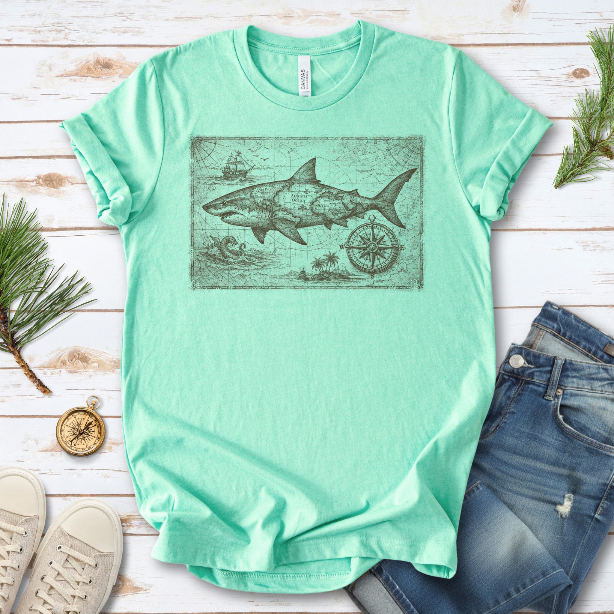 Great Ocean Shark Vintage Map Adventure T-Shirt