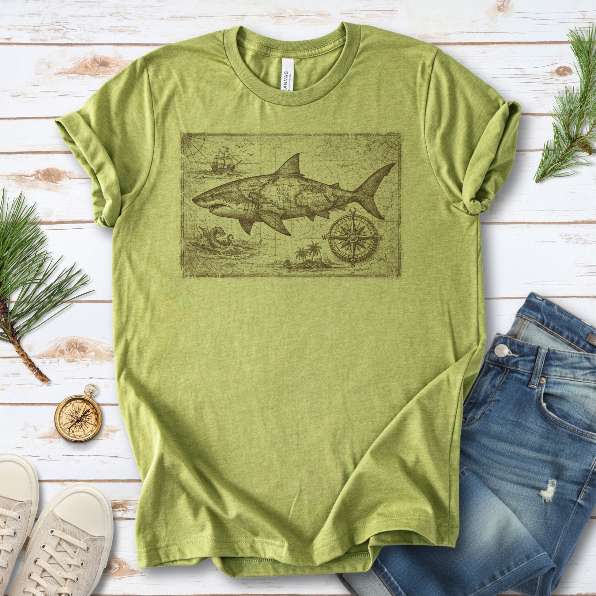 Great Ocean Shark Vintage Map Adventure T-Shirt