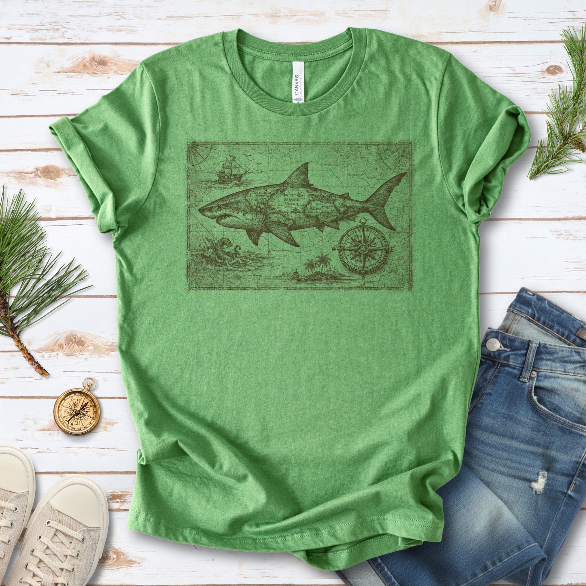 Great Ocean Shark Vintage Map Adventure T-Shirt