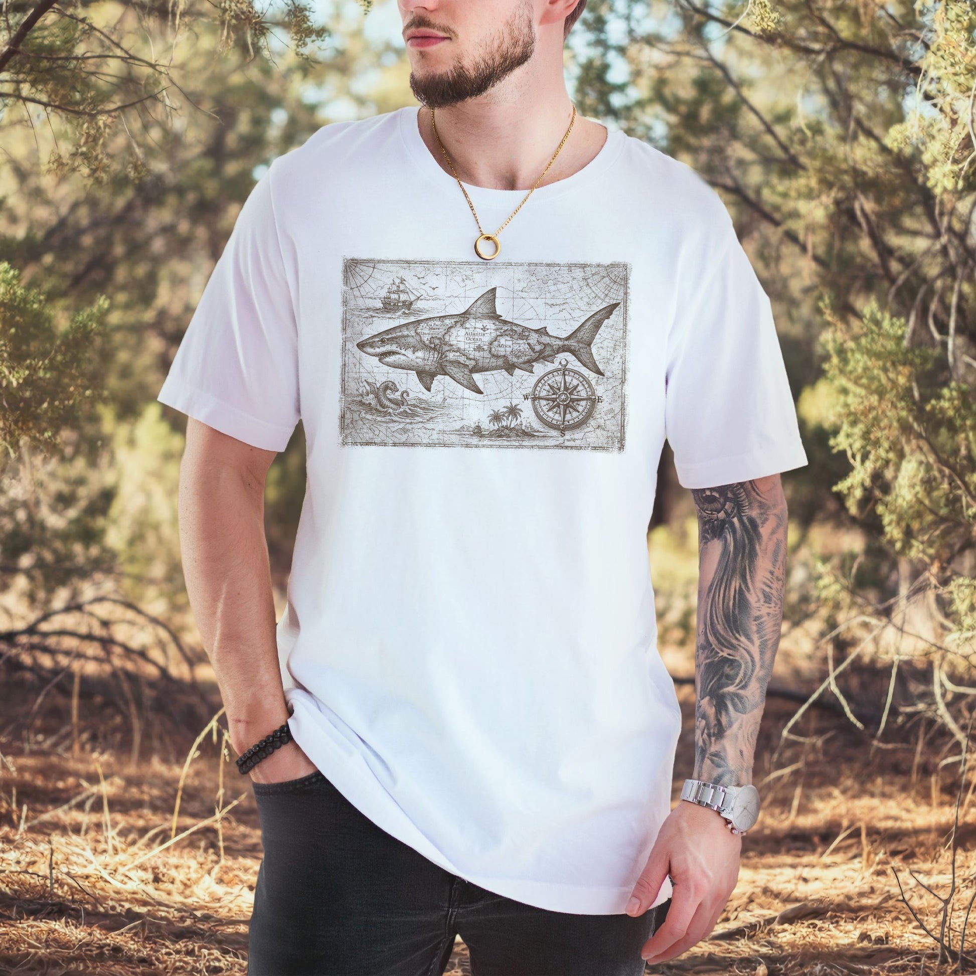 Great Ocean Shark Vintage Map Adventure T-Shirt
