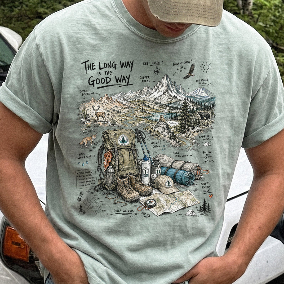 The Long Way Is the Good Way Pacific Crest Trail Comfort Colors Shirt – Hiking Adventure Tee