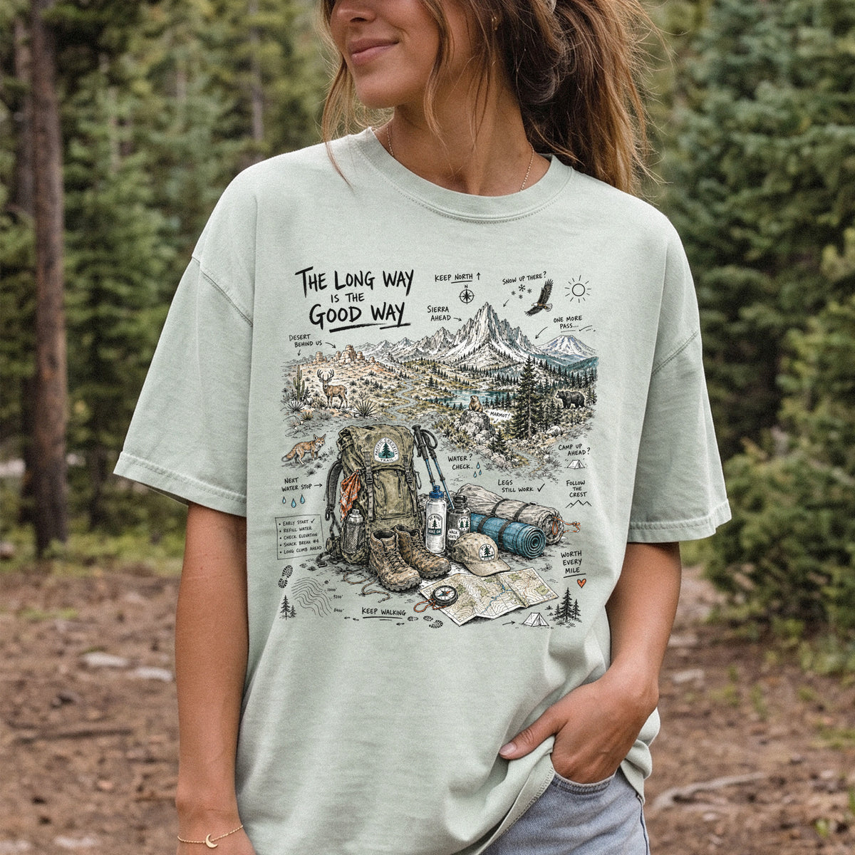 The Long Way Is the Good Way Pacific Crest Trail Comfort Colors Shirt – Hiking Adventure Tee