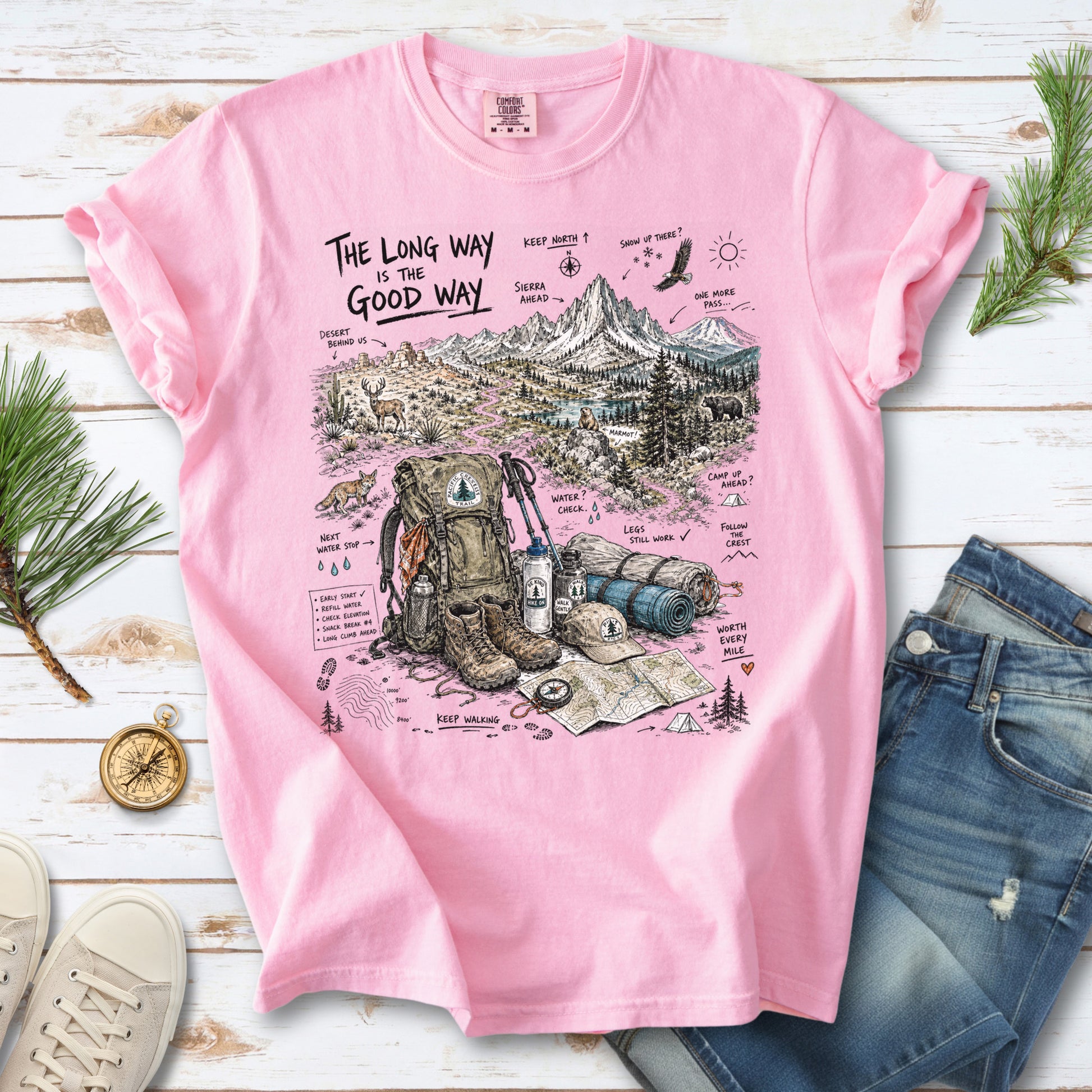 The Long Way Is the Good Way Pacific Crest Trail Comfort Colors Shirt – Hiking Adventure Tee