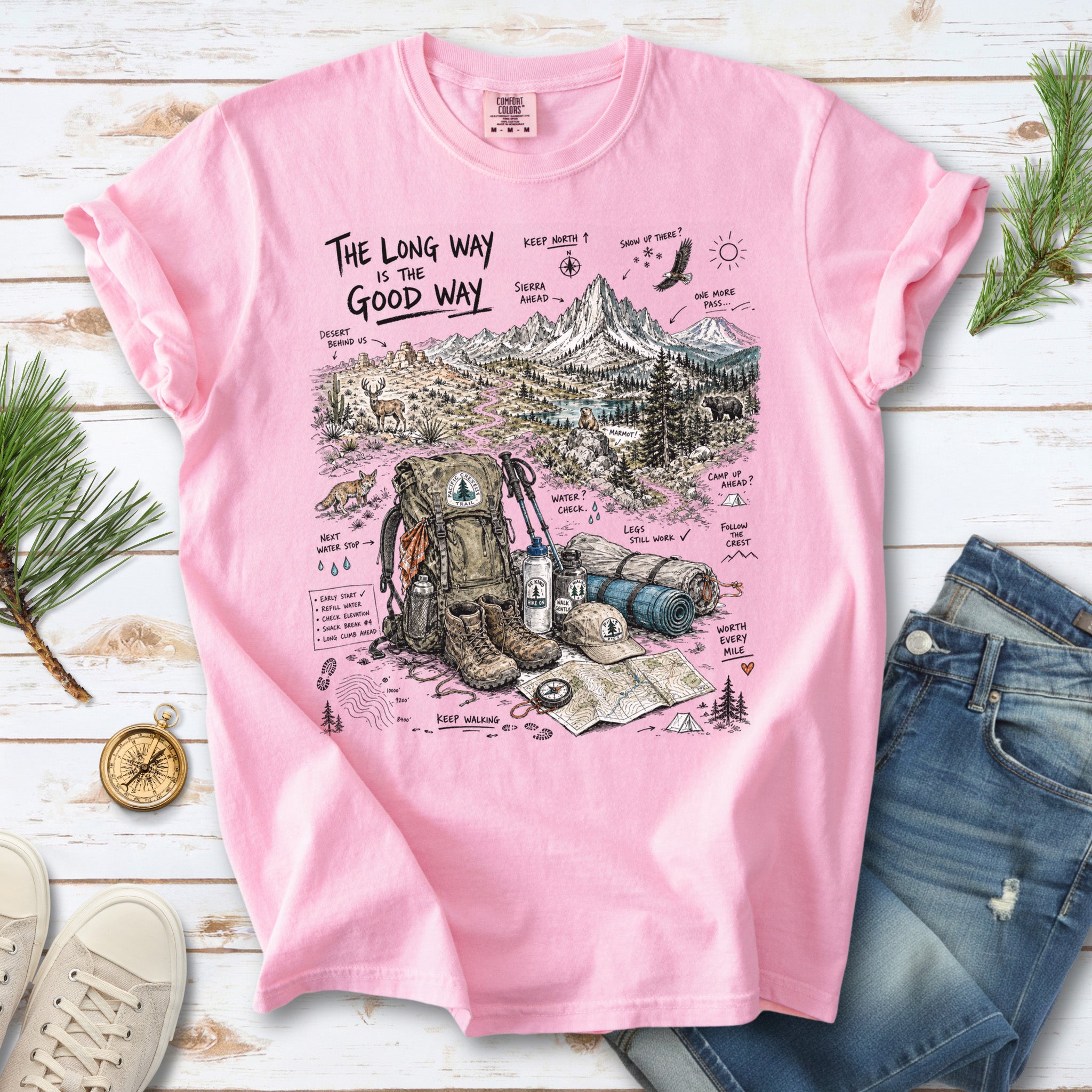 The Long Way Is the Good Way Pacific Crest Trail Comfort Colors Shirt – Hiking Adventure Tee