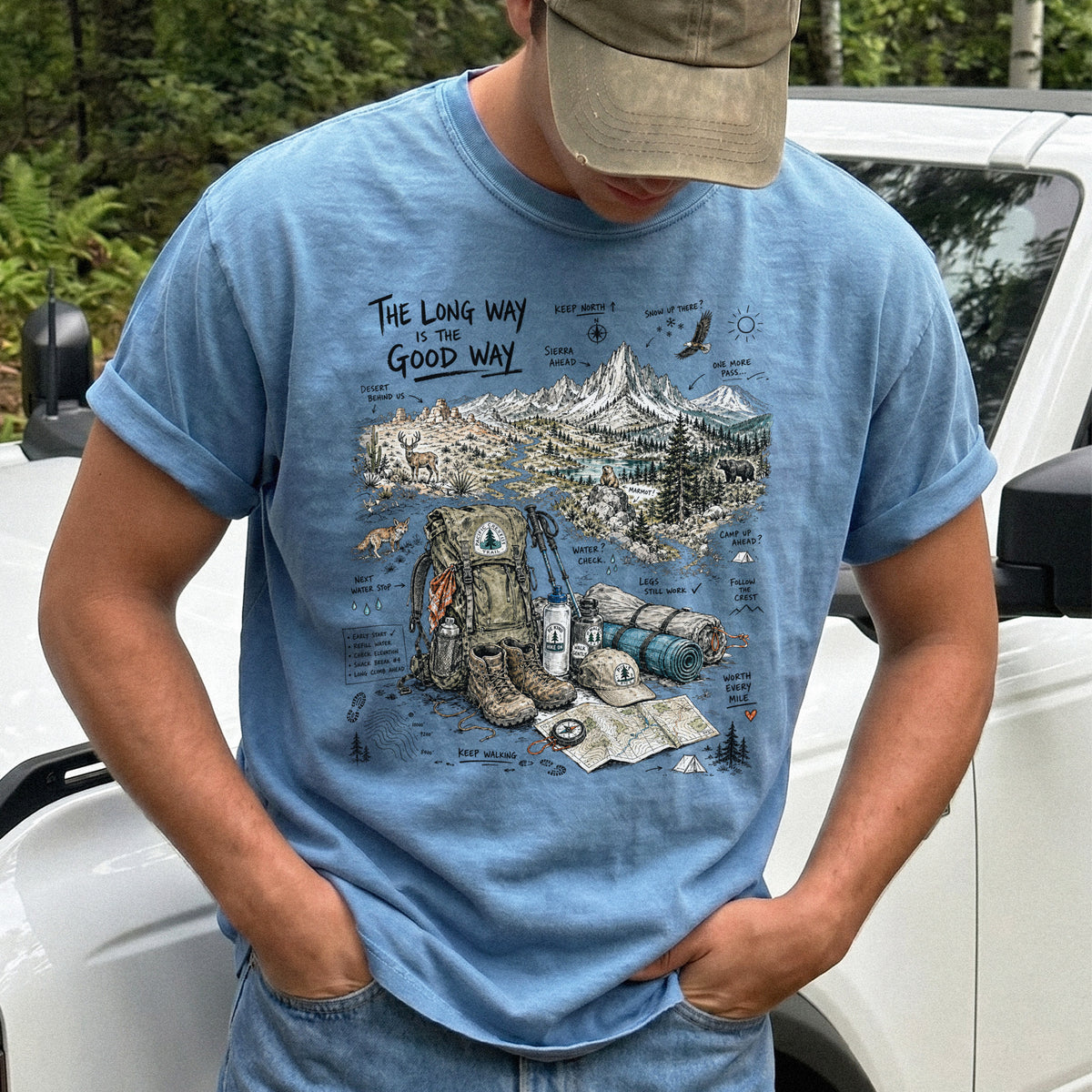 The Long Way Is the Good Way Pacific Crest Trail Comfort Colors Shirt – Hiking Adventure Tee