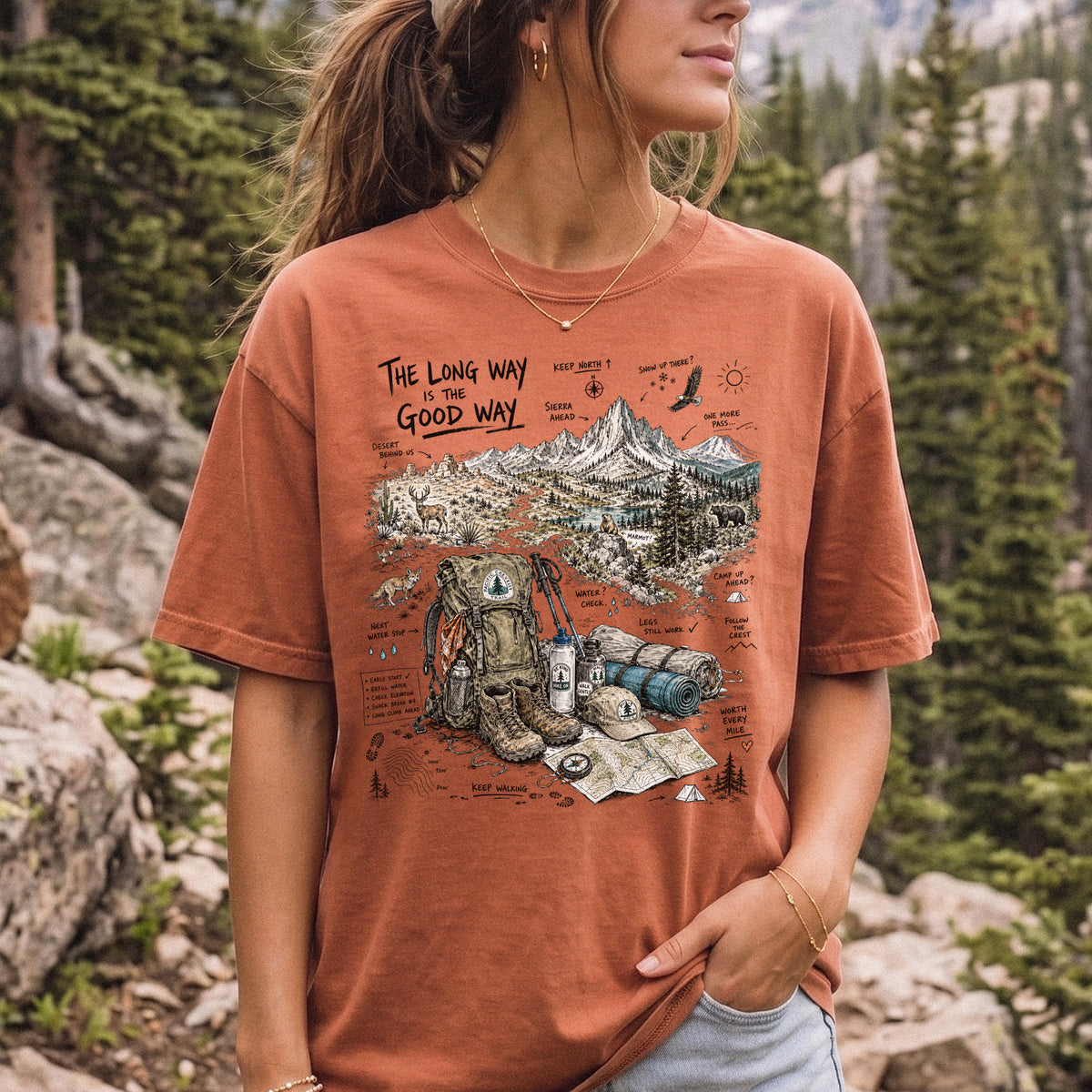 The Long Way Is the Good Way Pacific Crest Trail Comfort Colors Shirt – Hiking Adventure Tee