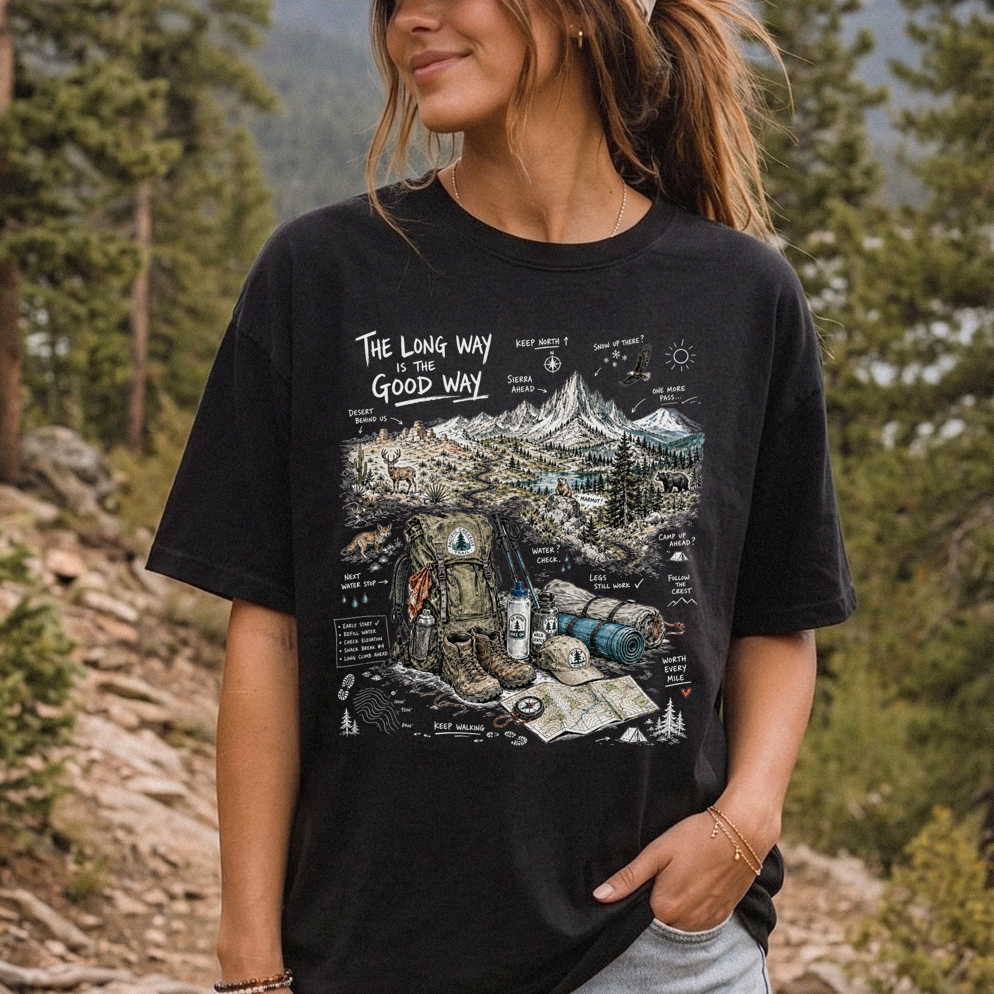 The Long Way Is the Good Way Pacific Crest Trail Comfort Colors Shirt – Hiking Adventure Tee
