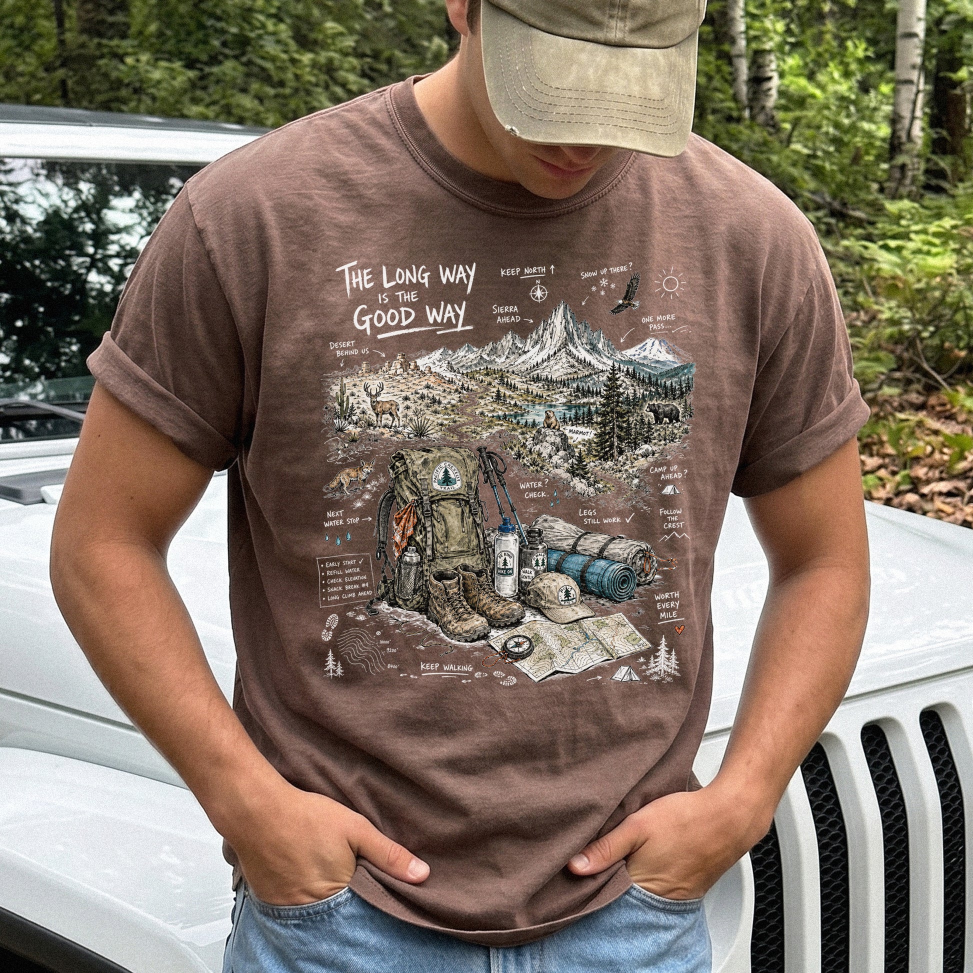 The Long Way Is the Good Way Pacific Crest Trail Comfort Colors Shirt – Hiking Adventure Tee