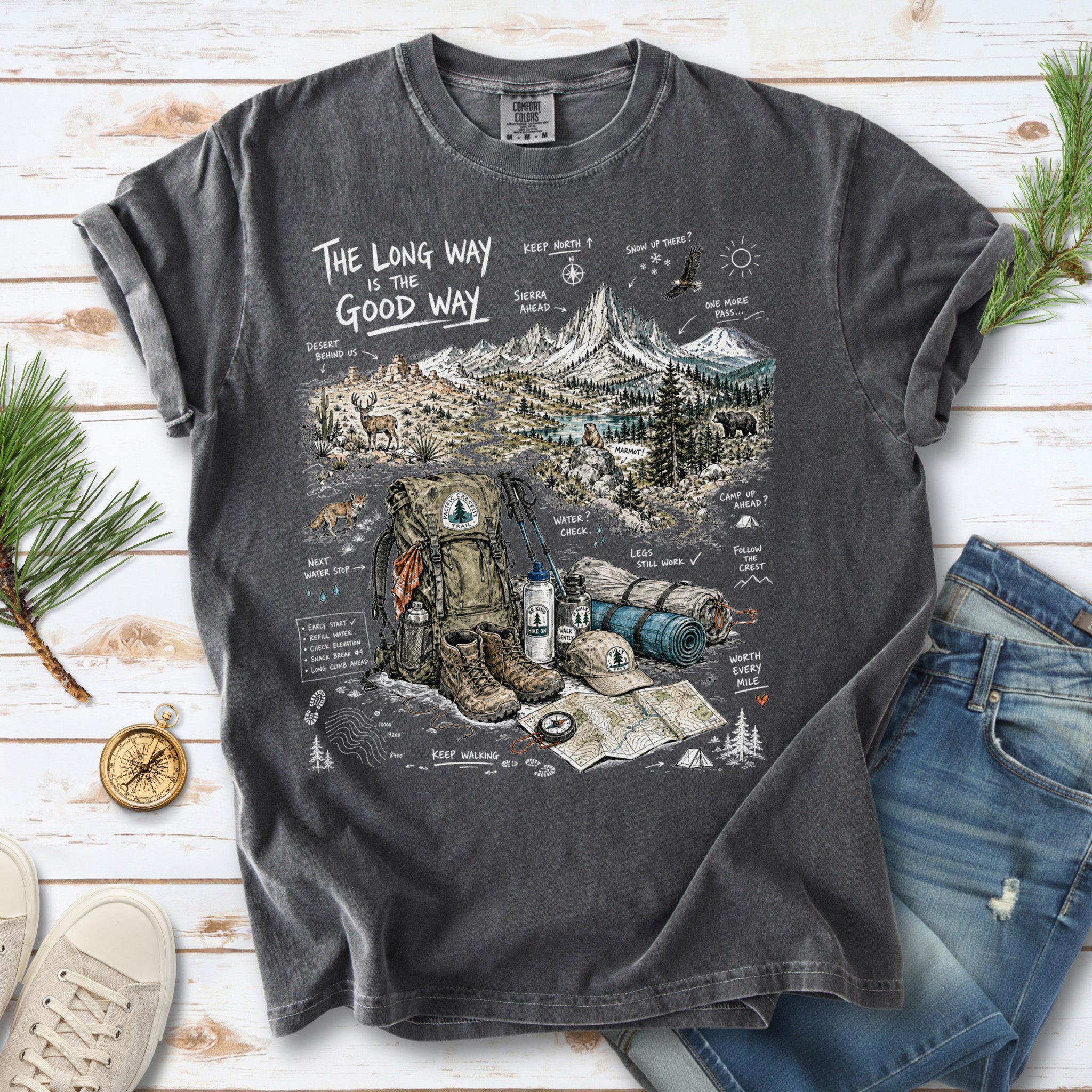 The Long Way Is the Good Way Pacific Crest Trail Comfort Colors Shirt – Hiking Adventure Tee