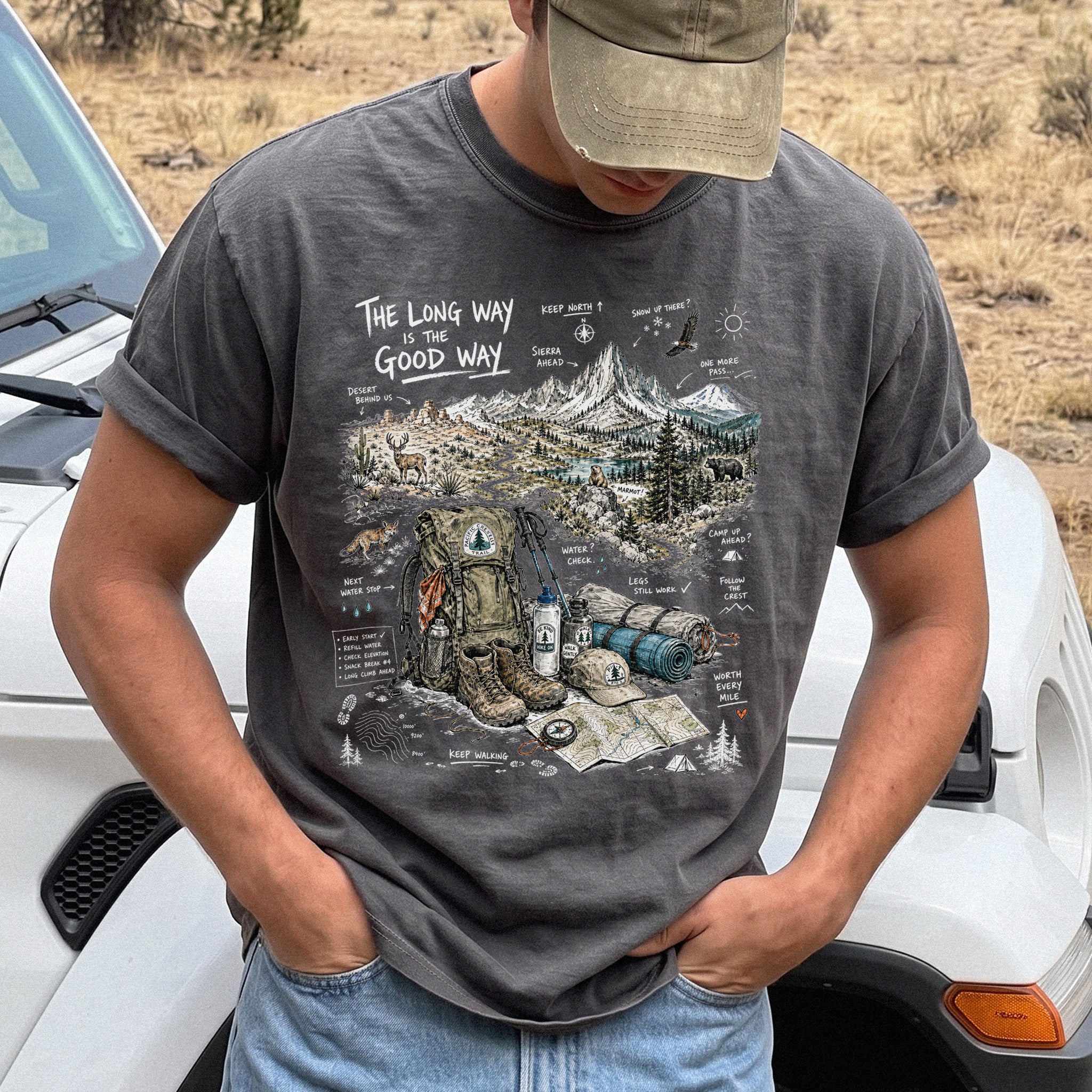 The Long Way Is the Good Way Pacific Crest Trail Comfort Colors Shirt – Hiking Adventure Tee