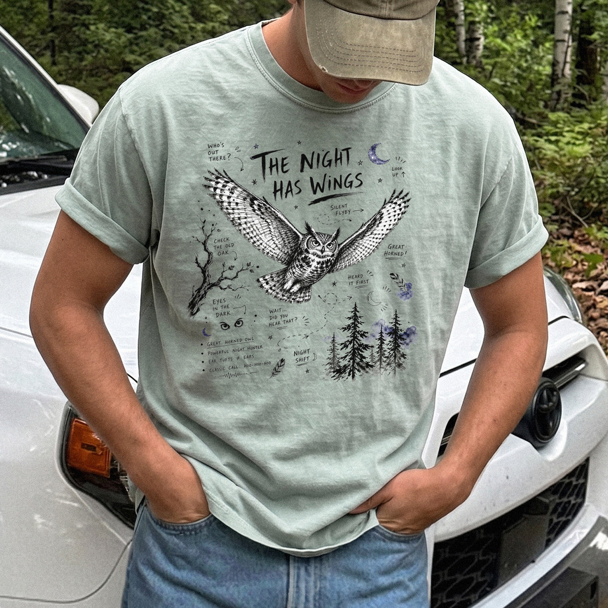 The Night Has Wings Comfort Colors Shirt – Great Horned Owl Tee