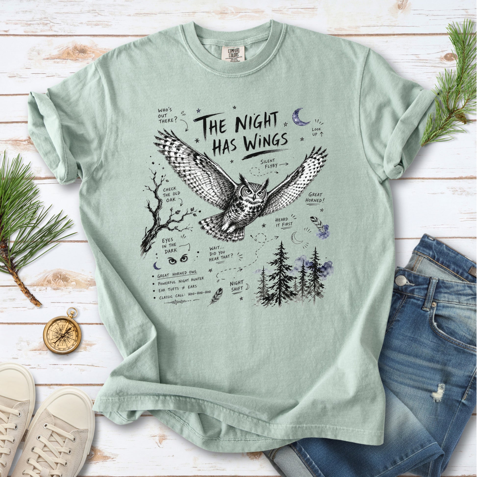 The Night Has Wings Comfort Colors Shirt – Great Horned Owl Tee
