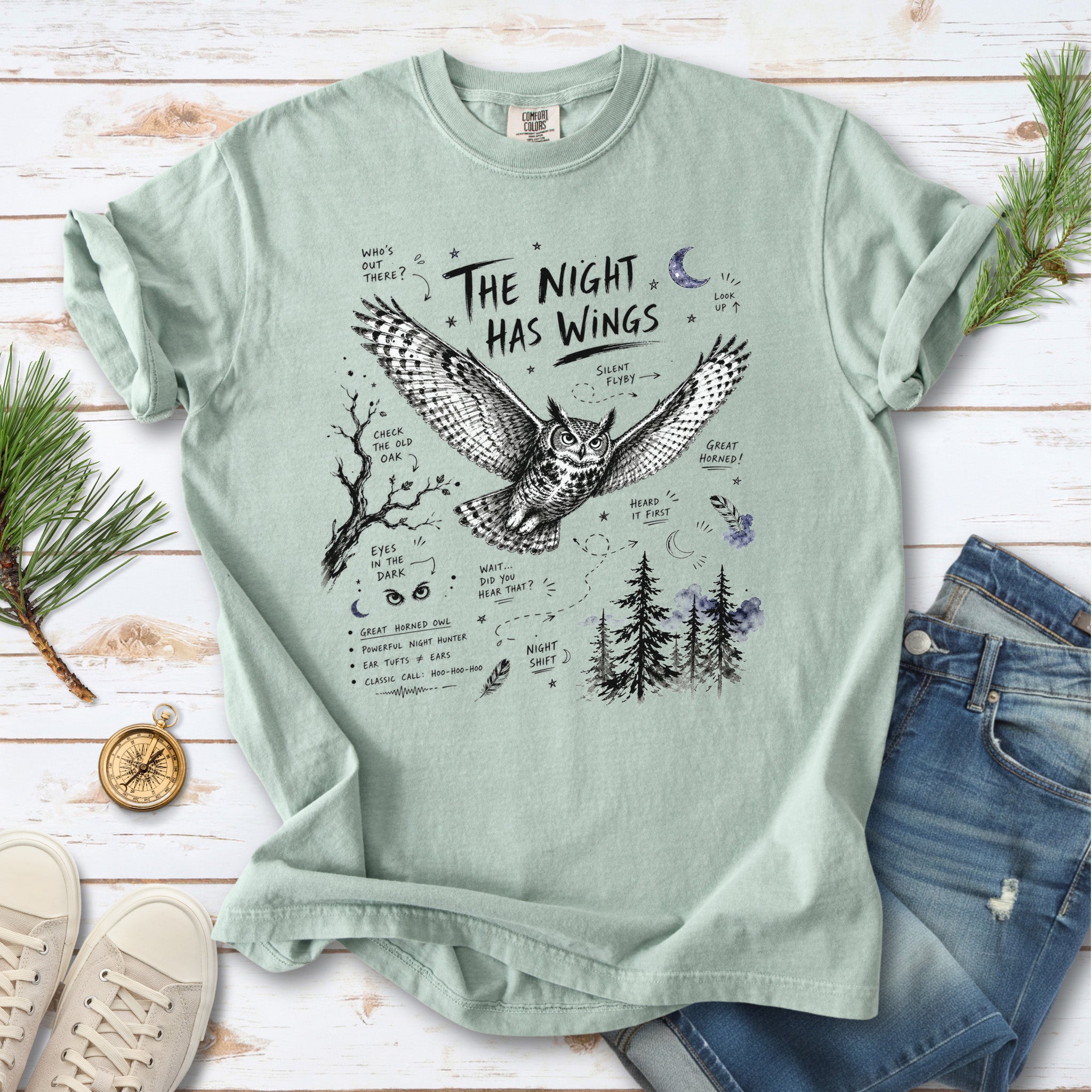 The Night Has Wings Comfort Colors Shirt – Great Horned Owl Tee
