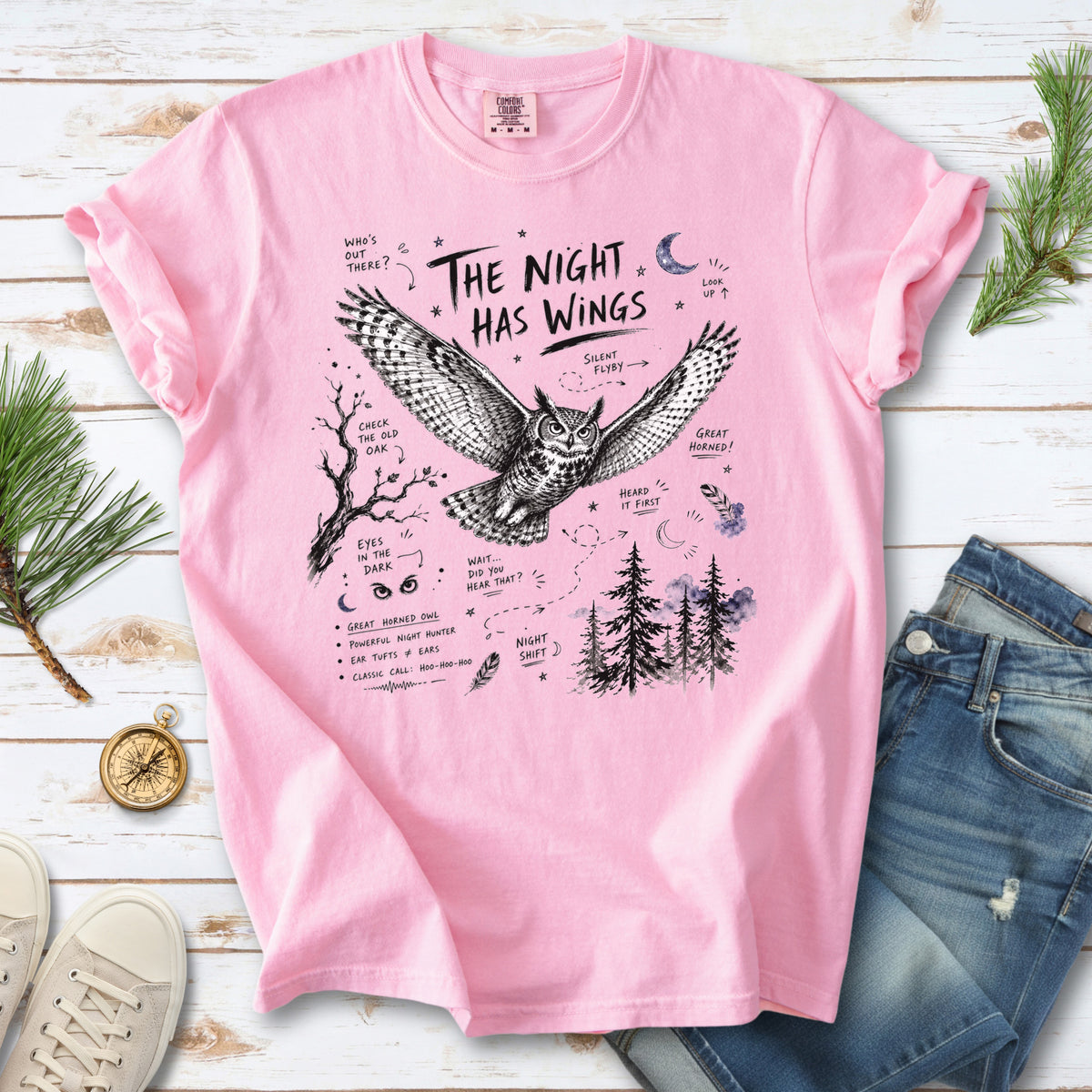 The Night Has Wings Comfort Colors Shirt – Great Horned Owl Tee