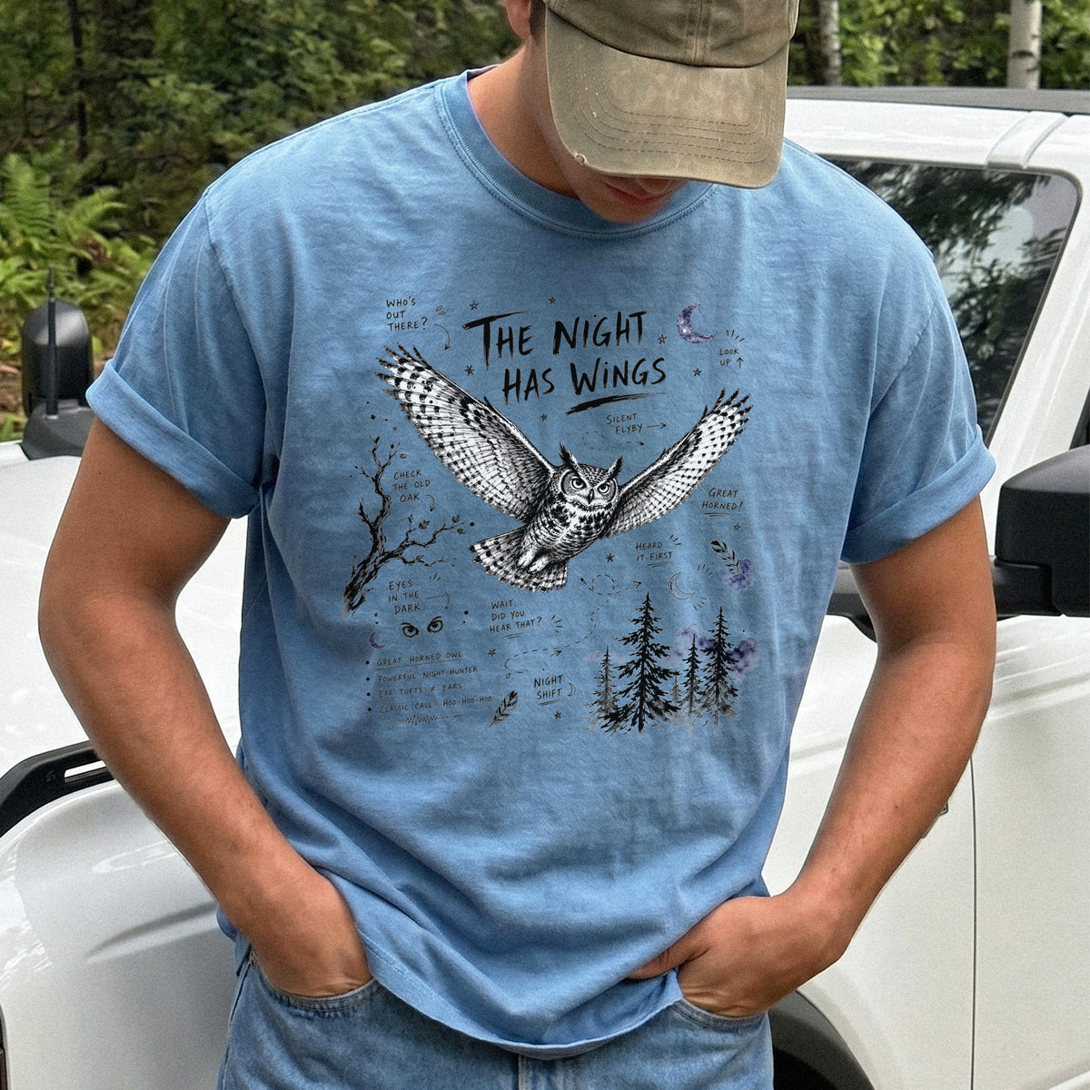 The Night Has Wings Comfort Colors Shirt – Great Horned Owl Tee