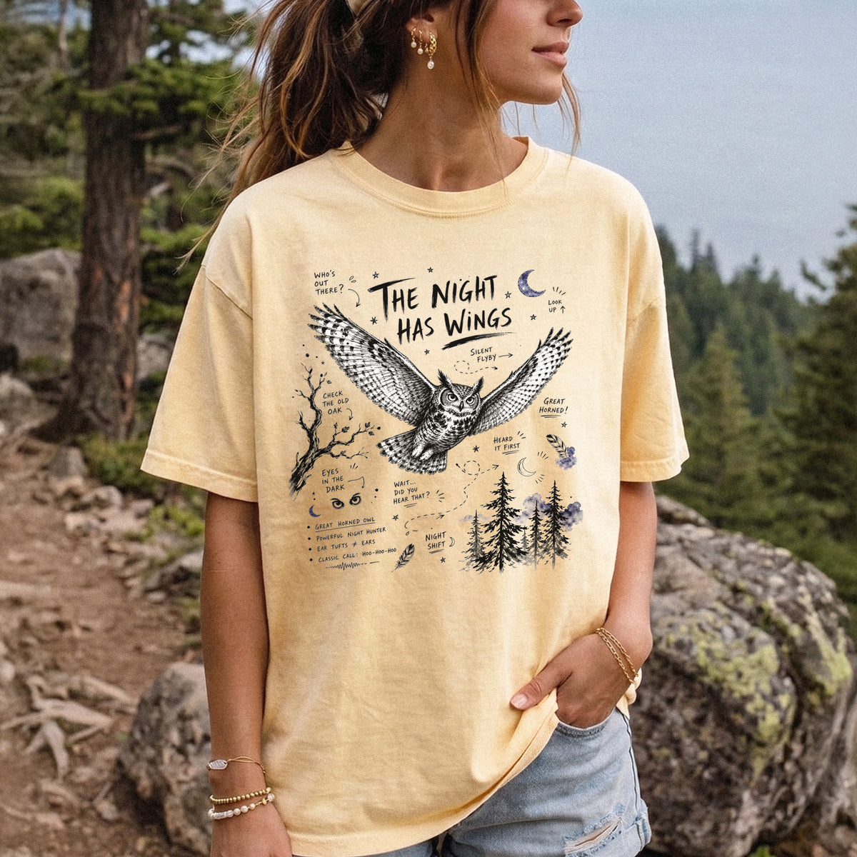 The Night Has Wings Comfort Colors Shirt – Great Horned Owl Tee