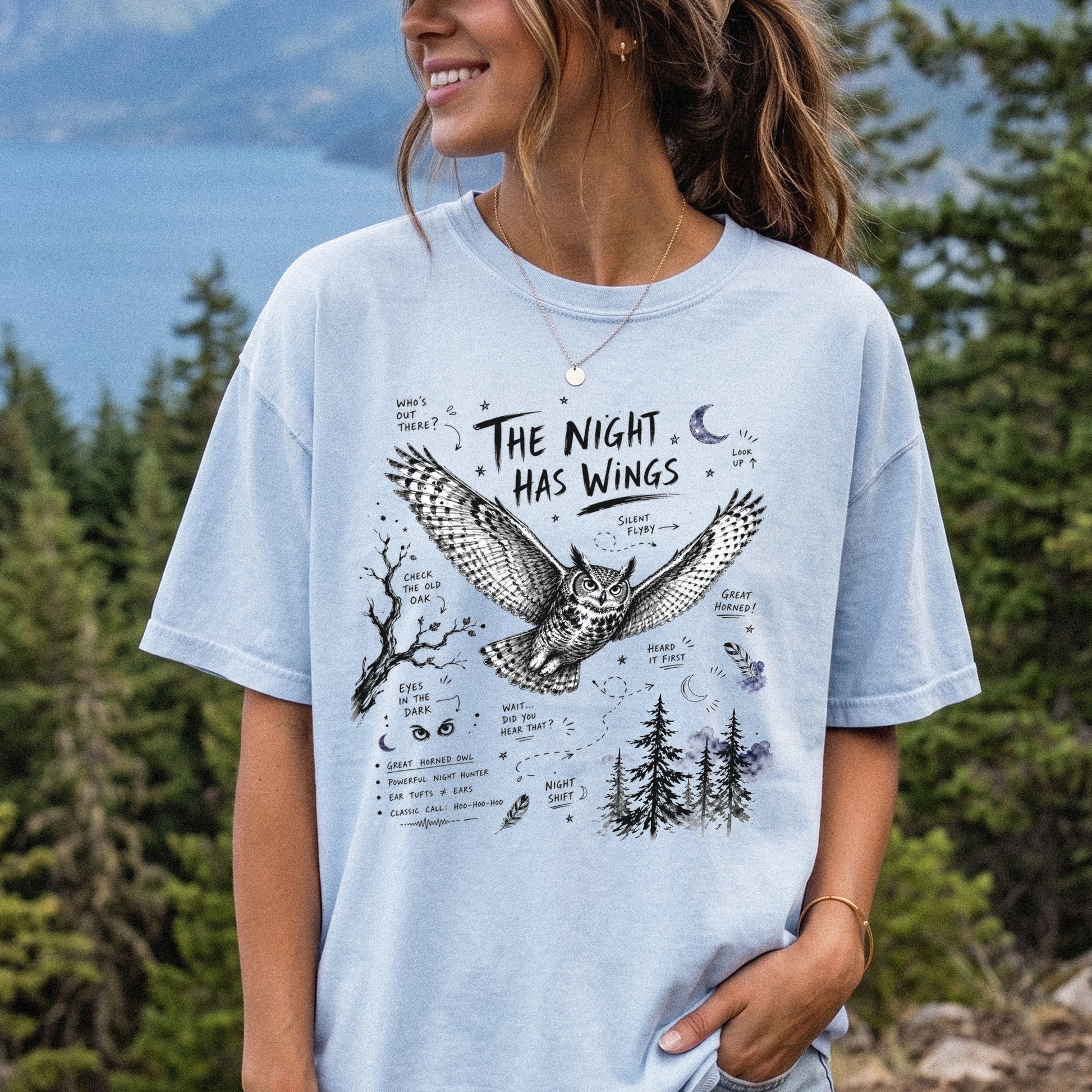 The Night Has Wings Comfort Colors Shirt – Great Horned Owl Tee