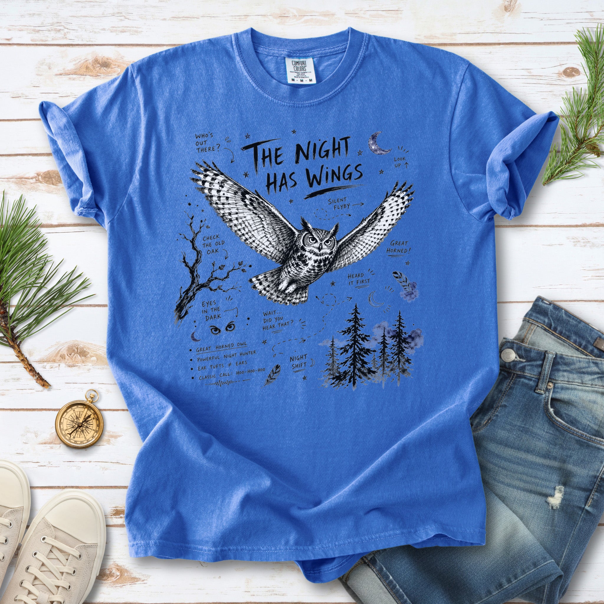 The Night Has Wings Comfort Colors Shirt – Great Horned Owl Tee