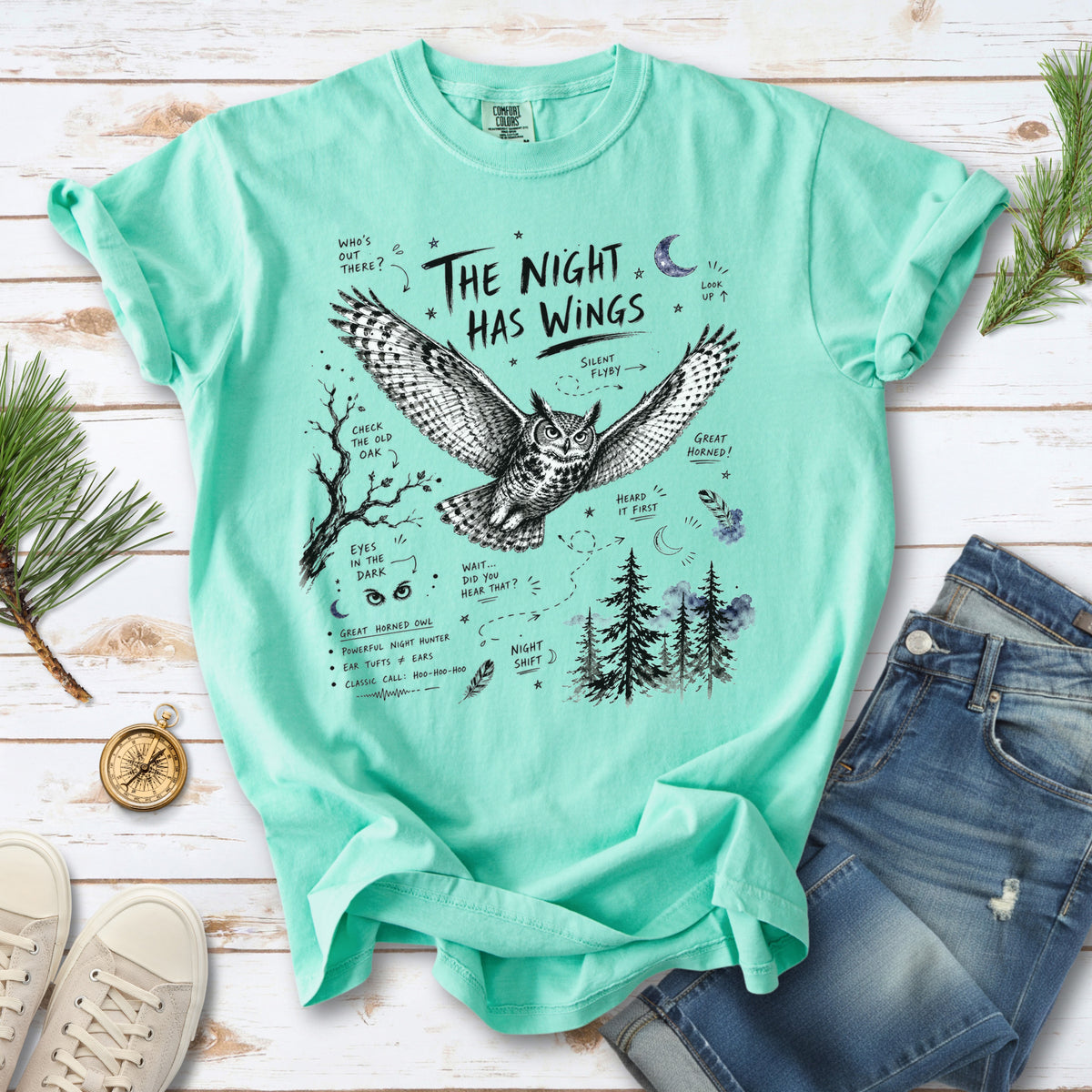 The Night Has Wings Comfort Colors Shirt – Great Horned Owl Tee