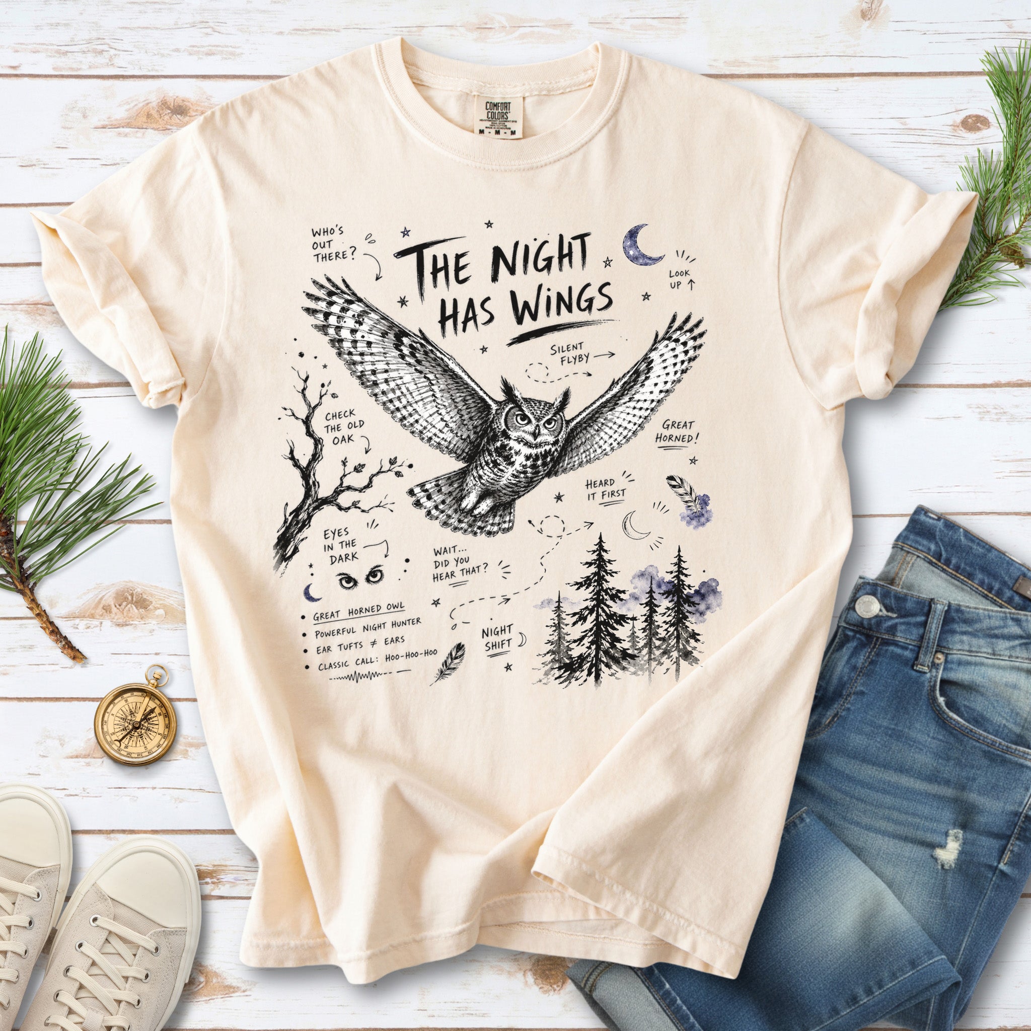 The Night Has Wings Comfort Colors Shirt – Great Horned Owl Tee