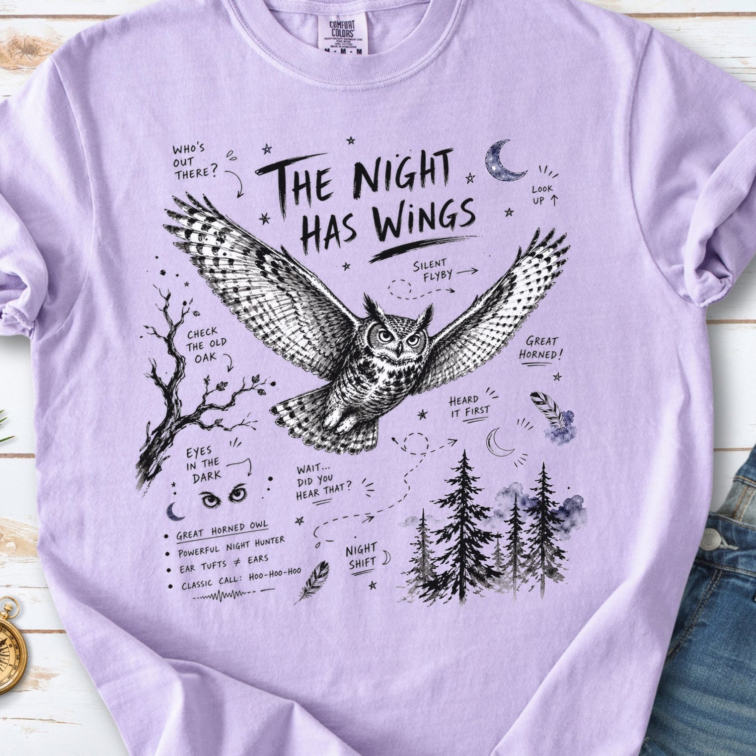 The Night Has Wings Comfort Colors Shirt – Great Horned Owl Tee