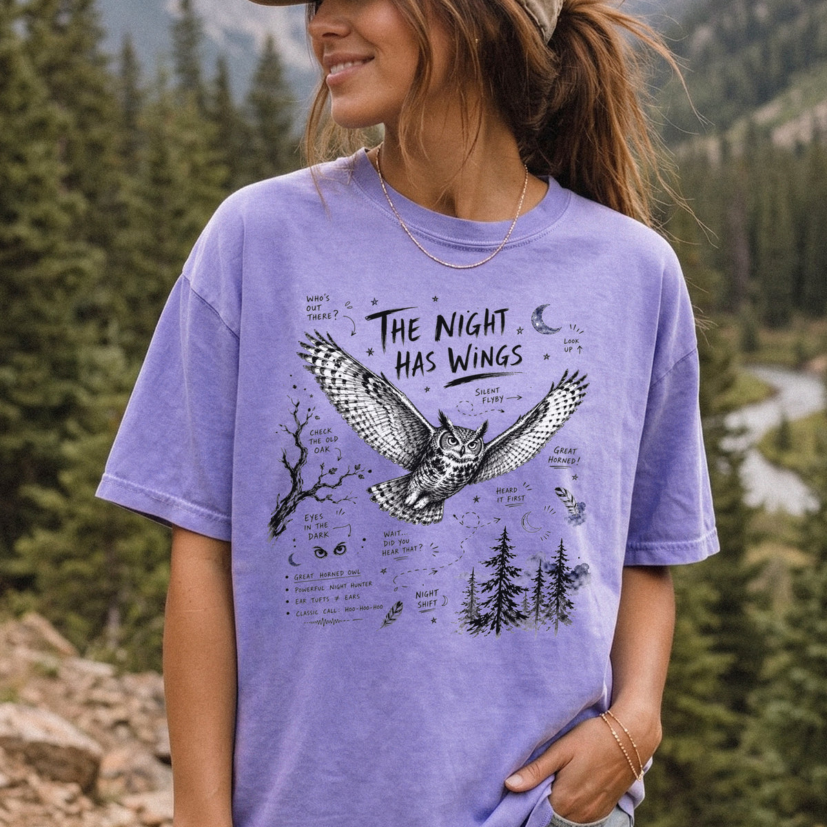 The Night Has Wings Comfort Colors Shirt – Great Horned Owl Tee