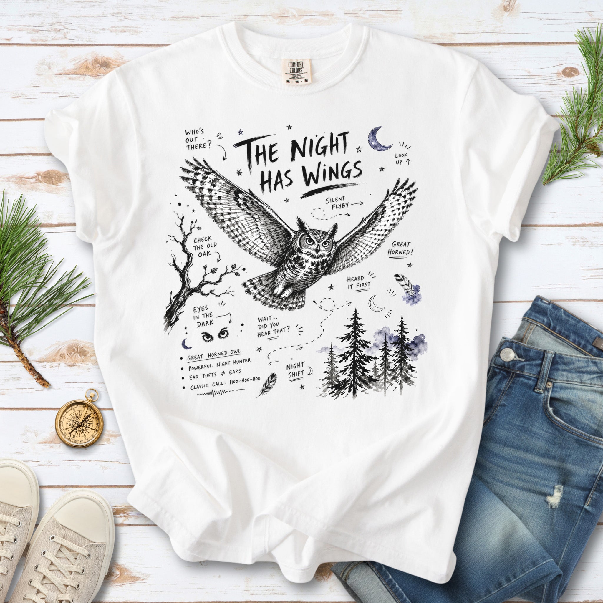 The Night Has Wings Comfort Colors Shirt – Great Horned Owl Tee