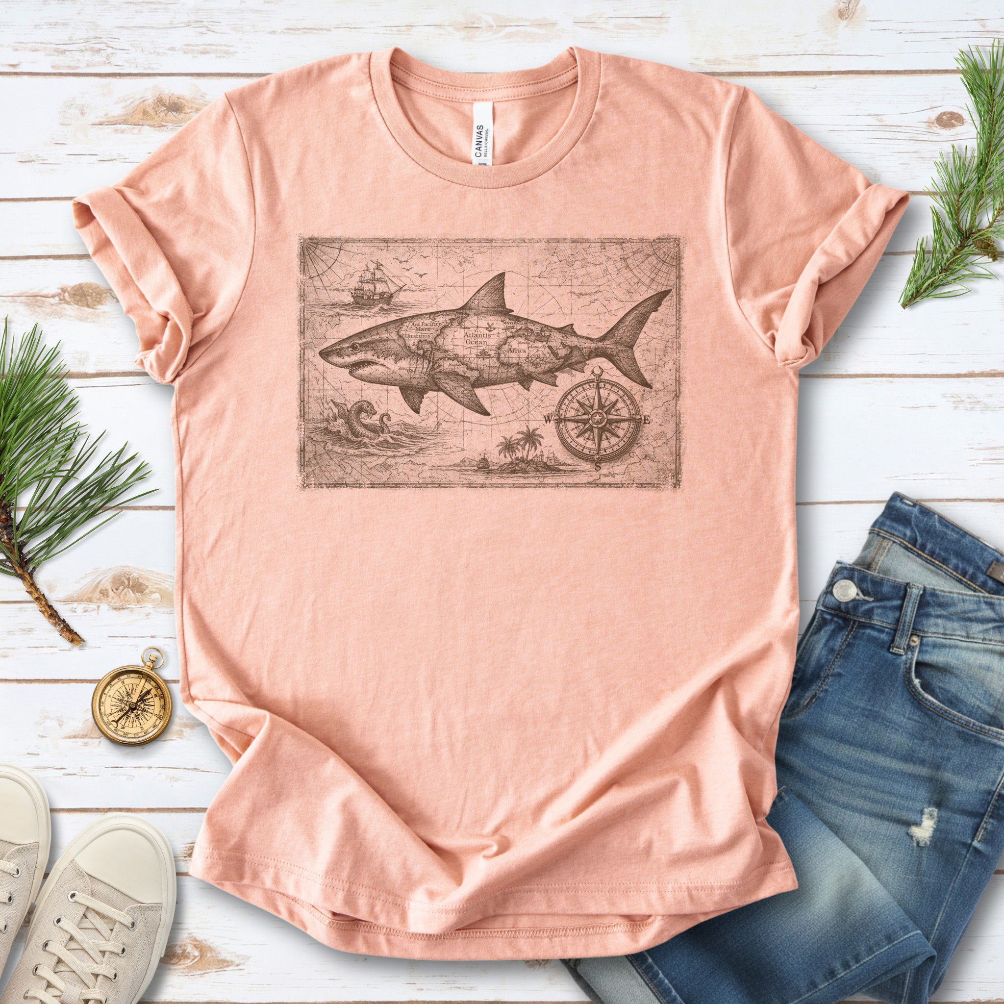 Great Ocean Shark Vintage Map Adventure T-Shirt