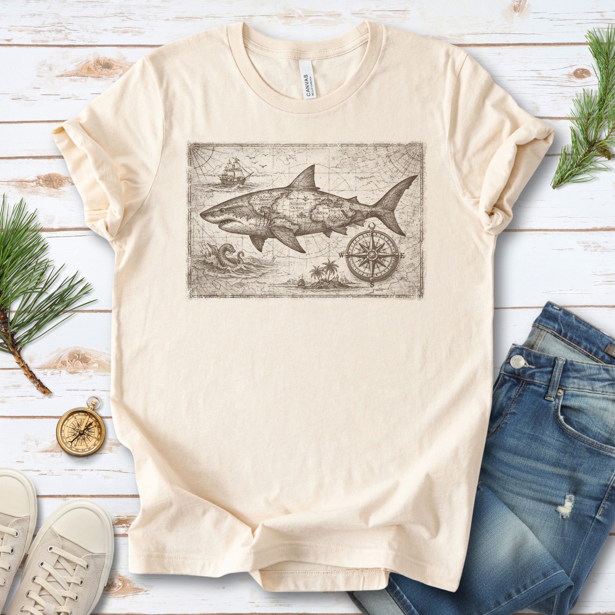 Great Ocean Shark Vintage Map Adventure T-Shirt