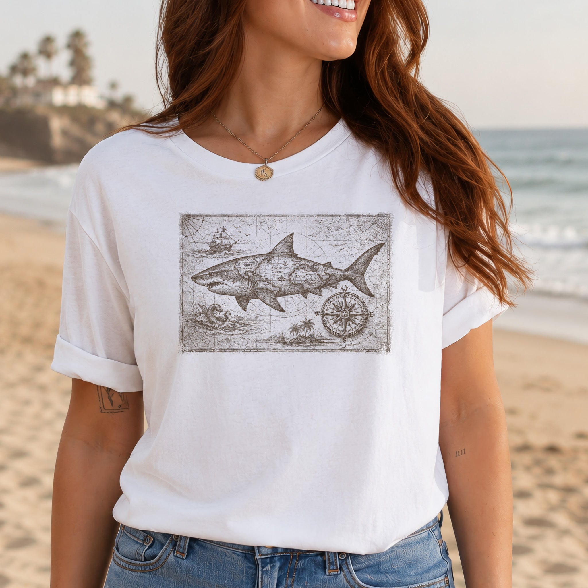 Great Ocean Shark Vintage Map Adventure T-Shirt