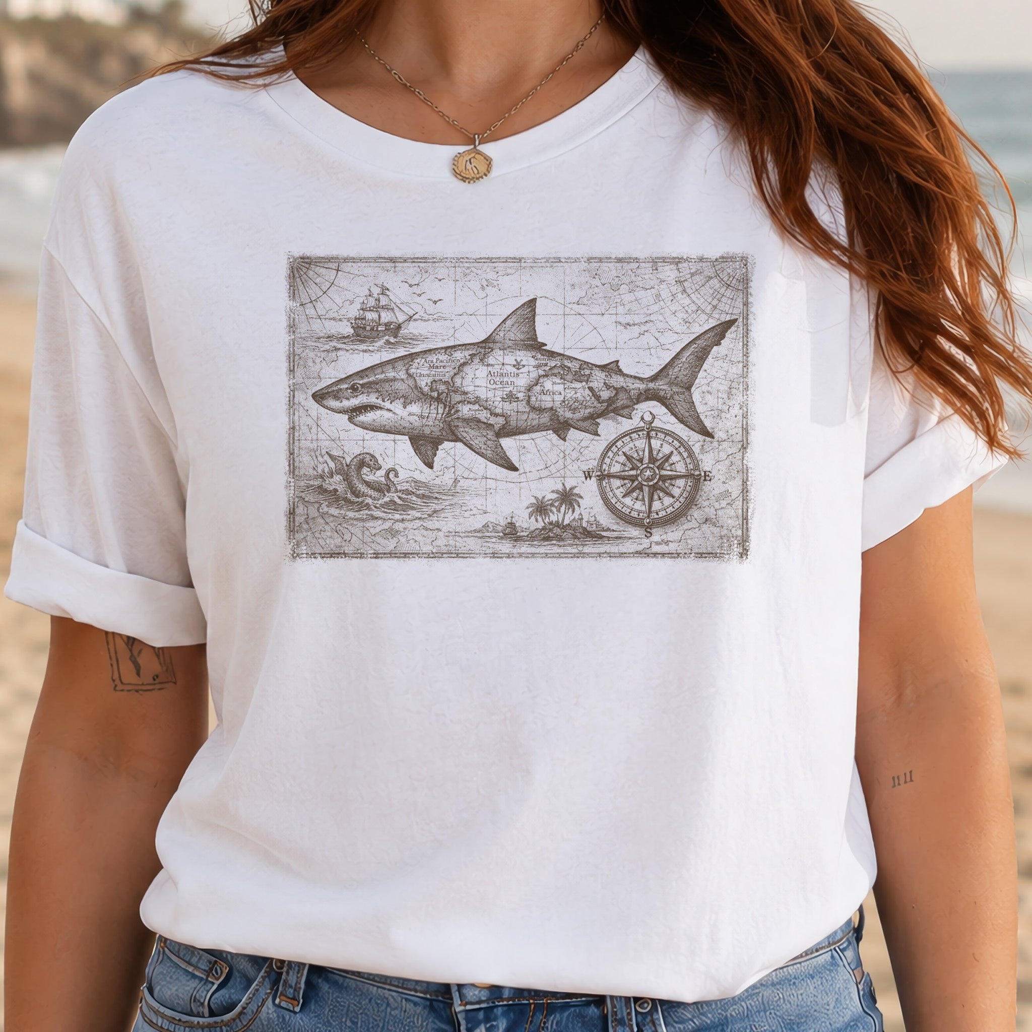 Great Ocean Shark Vintage Map Adventure T-Shirt