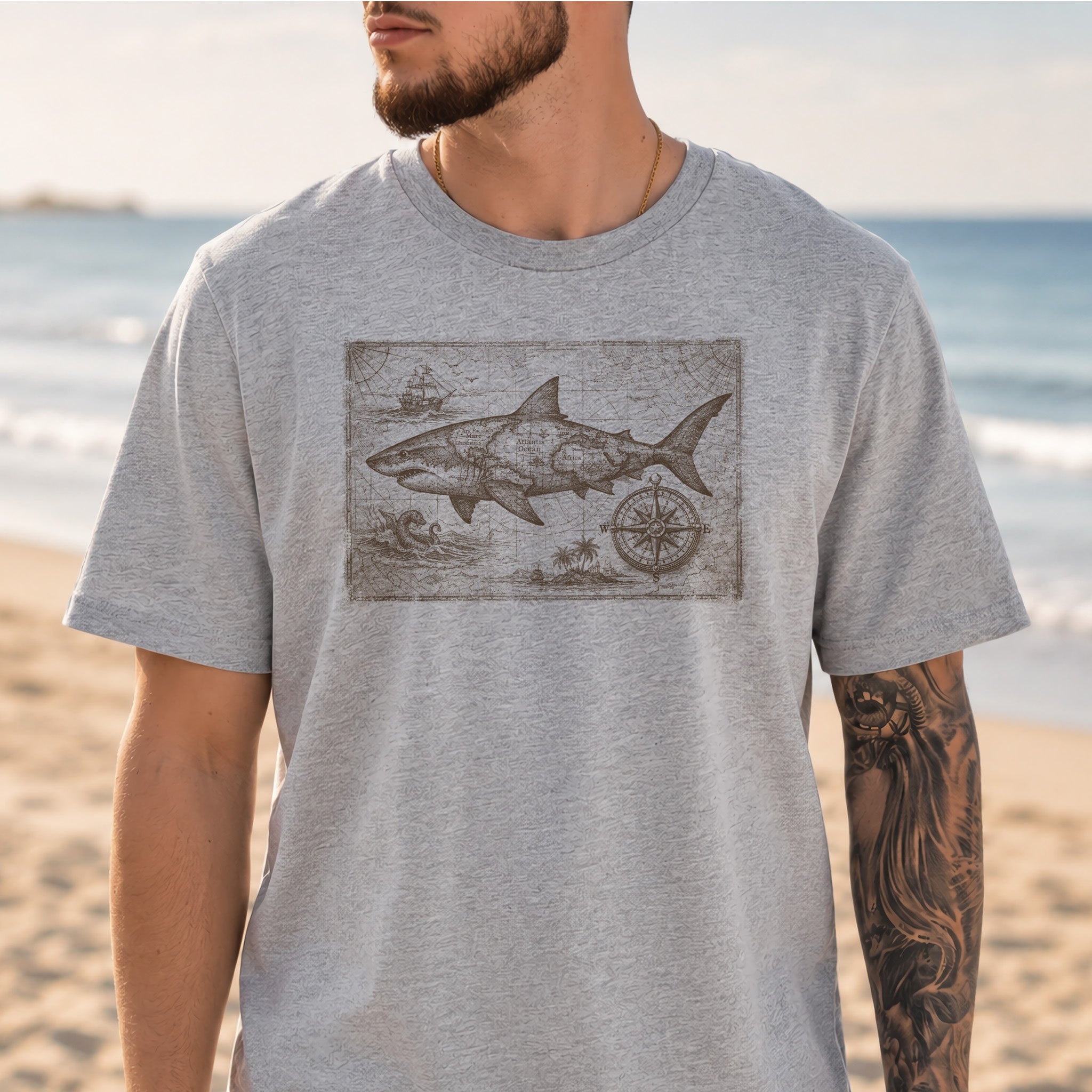 Great Ocean Shark Vintage Map Adventure T-Shirt