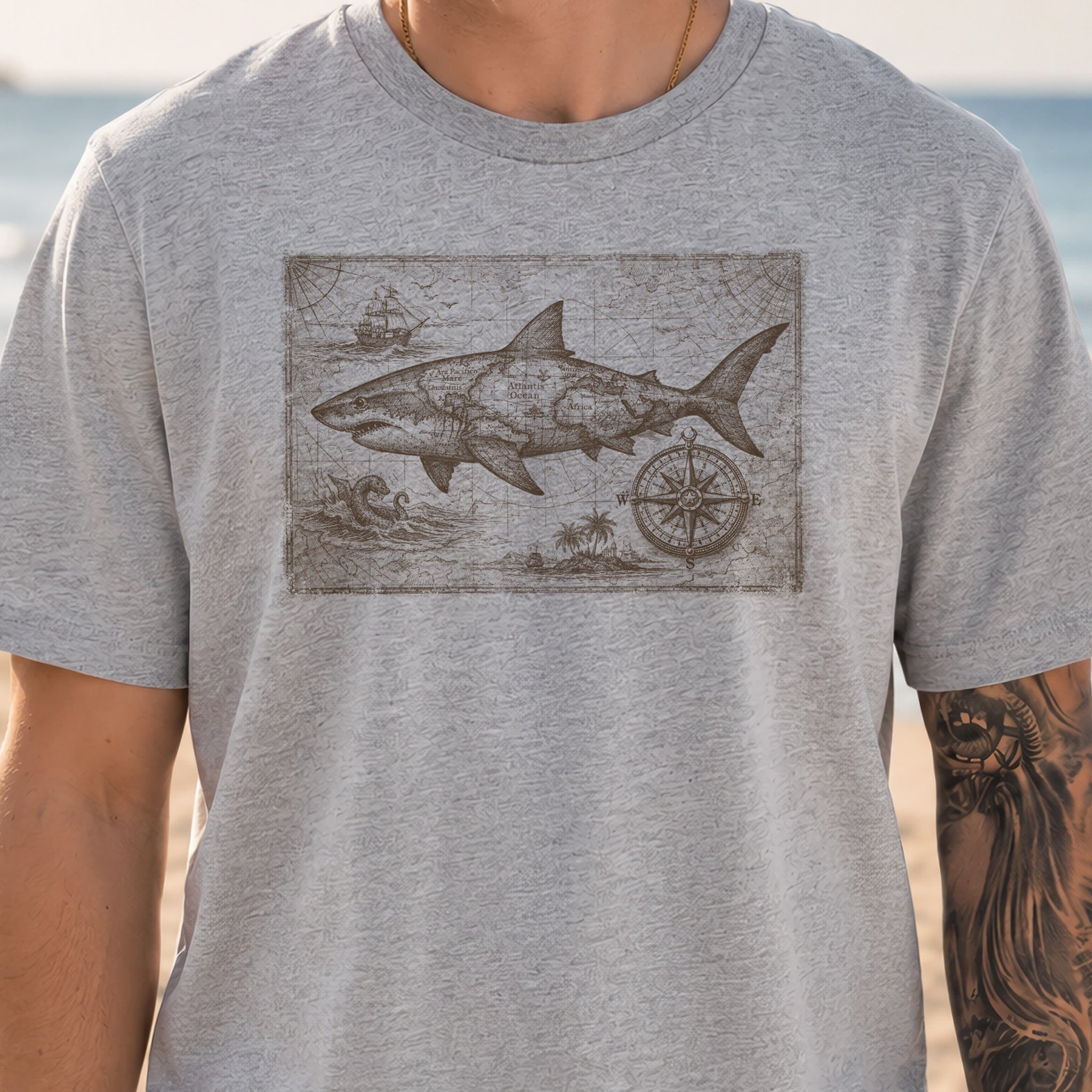 Great Ocean Shark Vintage Map Adventure T-Shirt