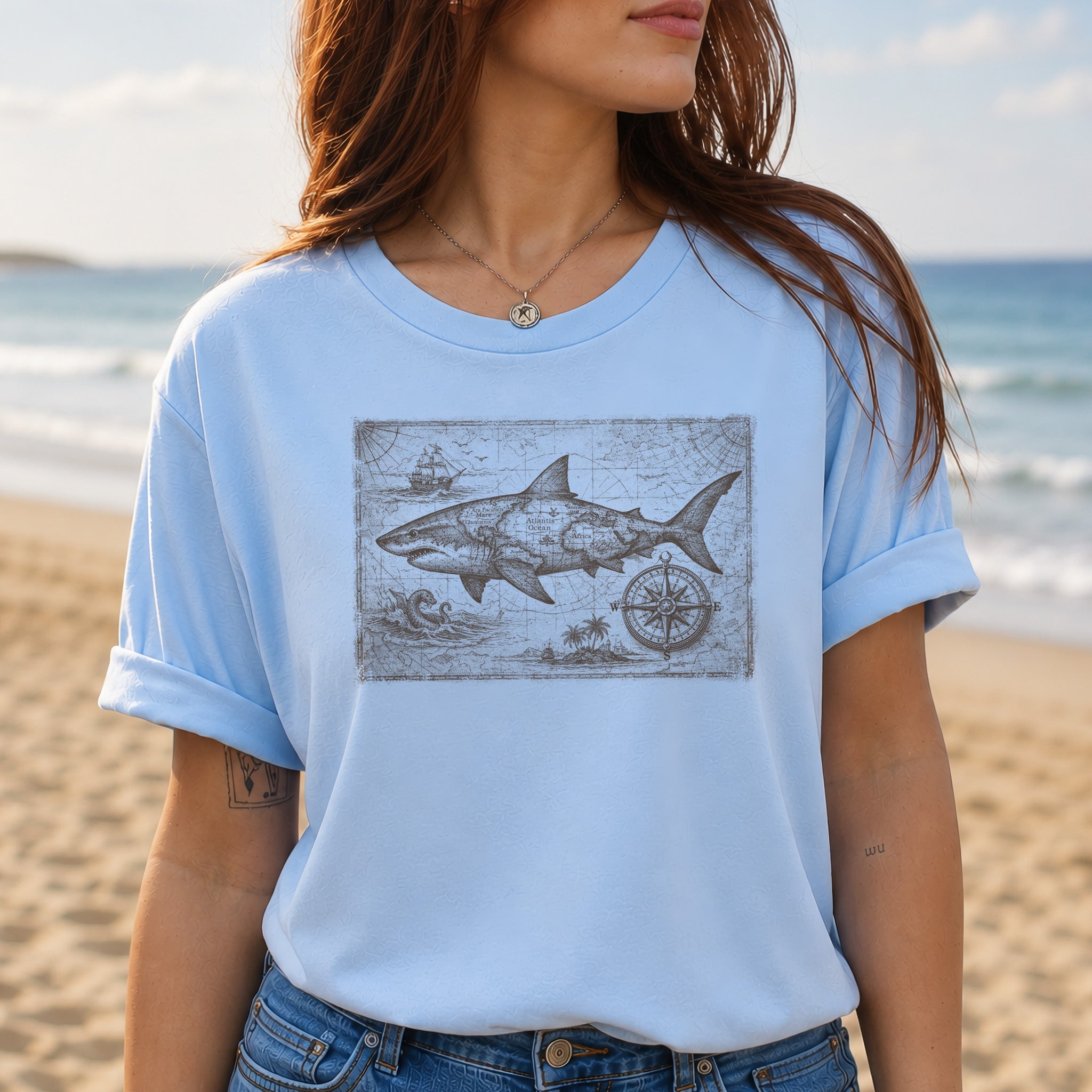 Great Ocean Shark Vintage Map Adventure T-Shirt