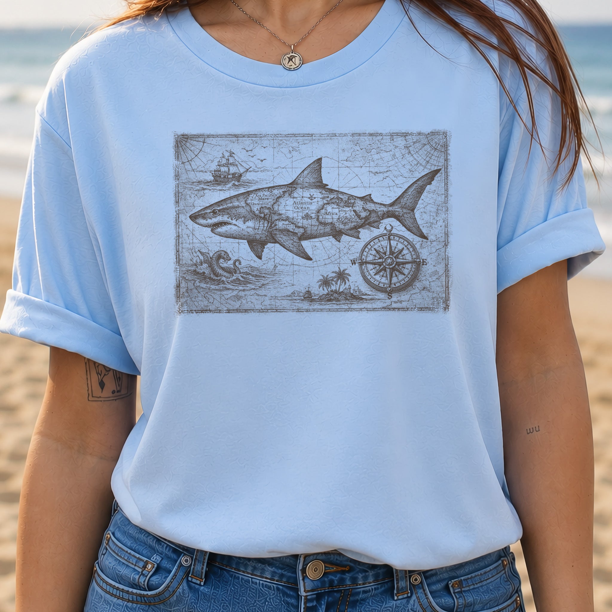 Great Ocean Shark Vintage Map Adventure T-Shirt