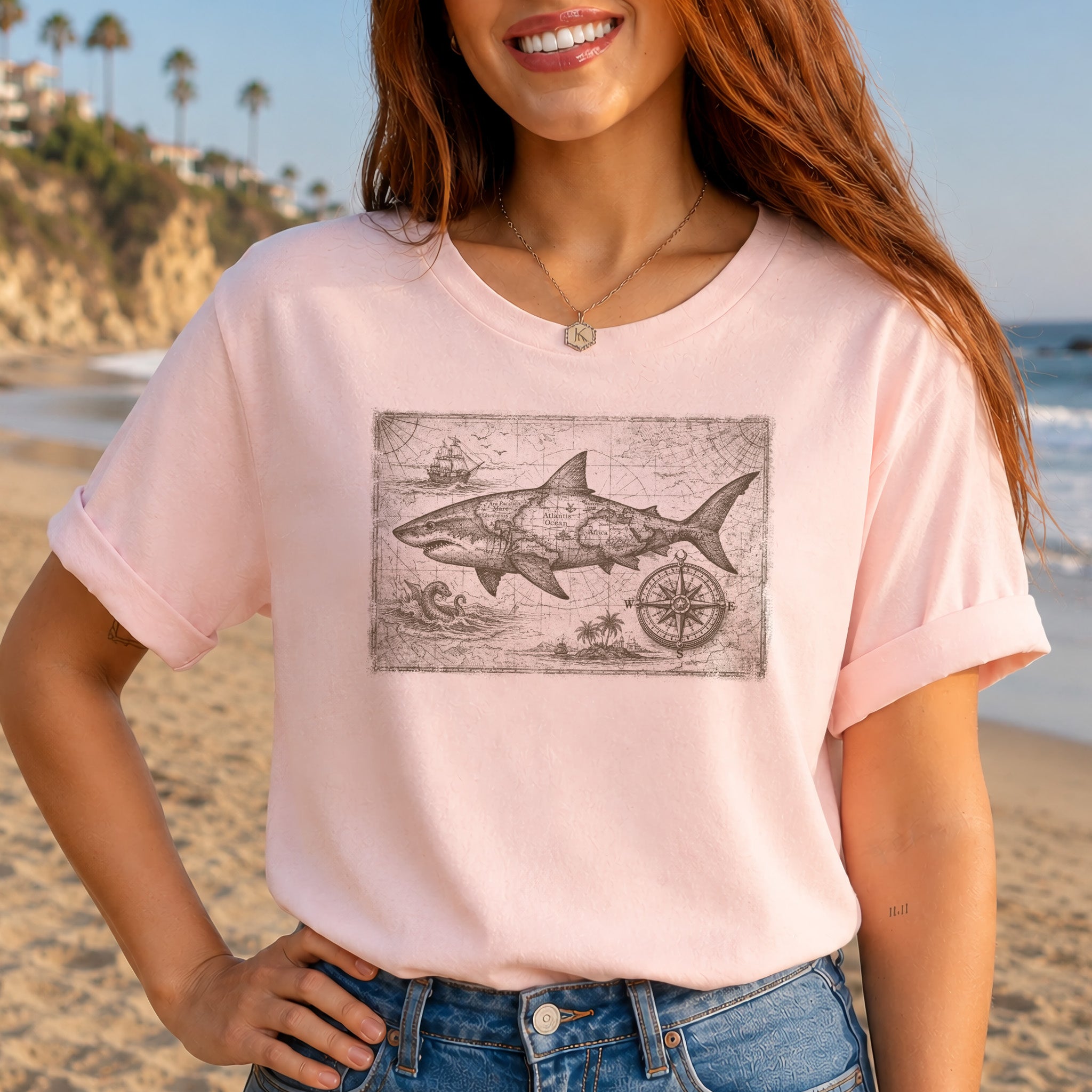 Great Ocean Shark Vintage Map Adventure T-Shirt