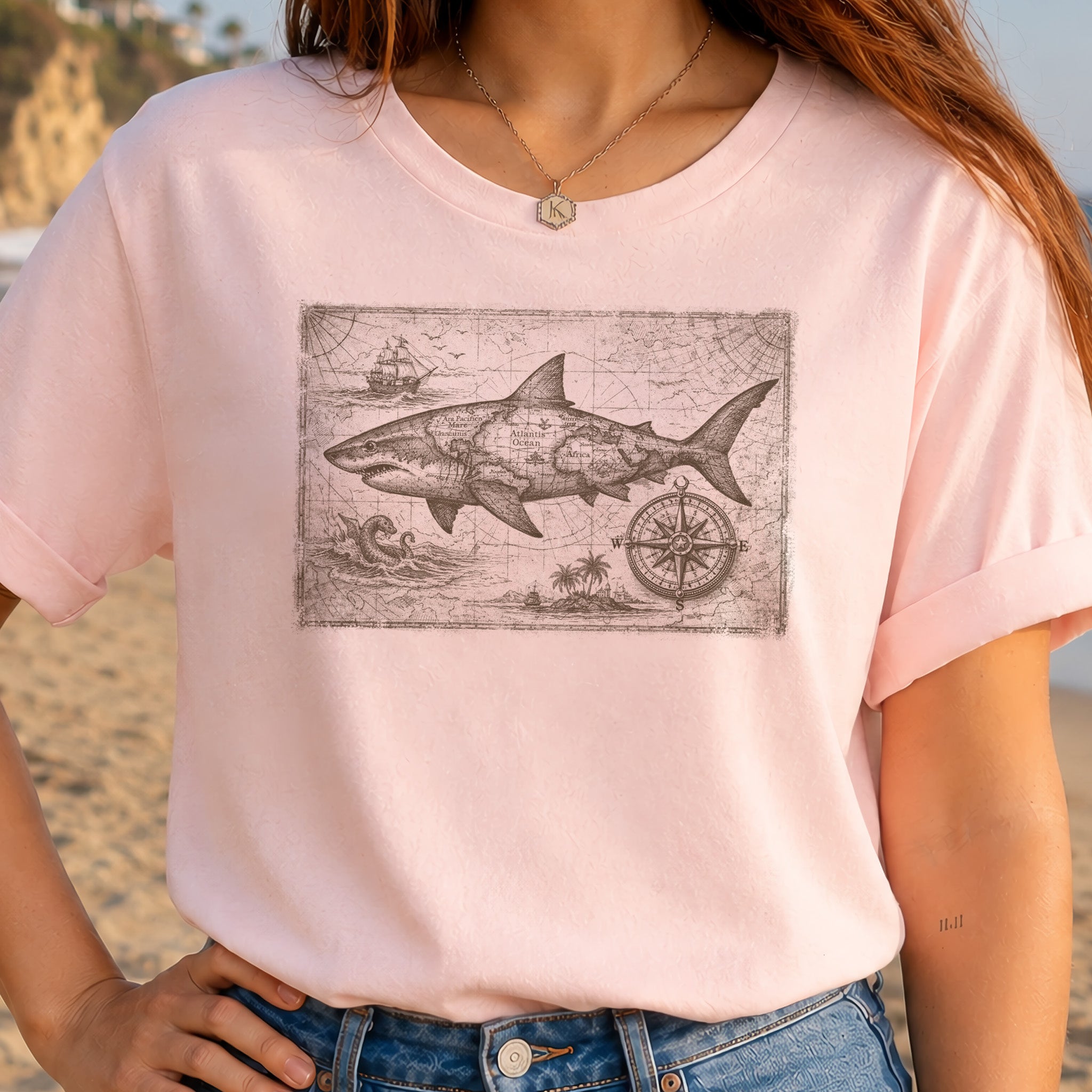 Great Ocean Shark Vintage Map Adventure T-Shirt