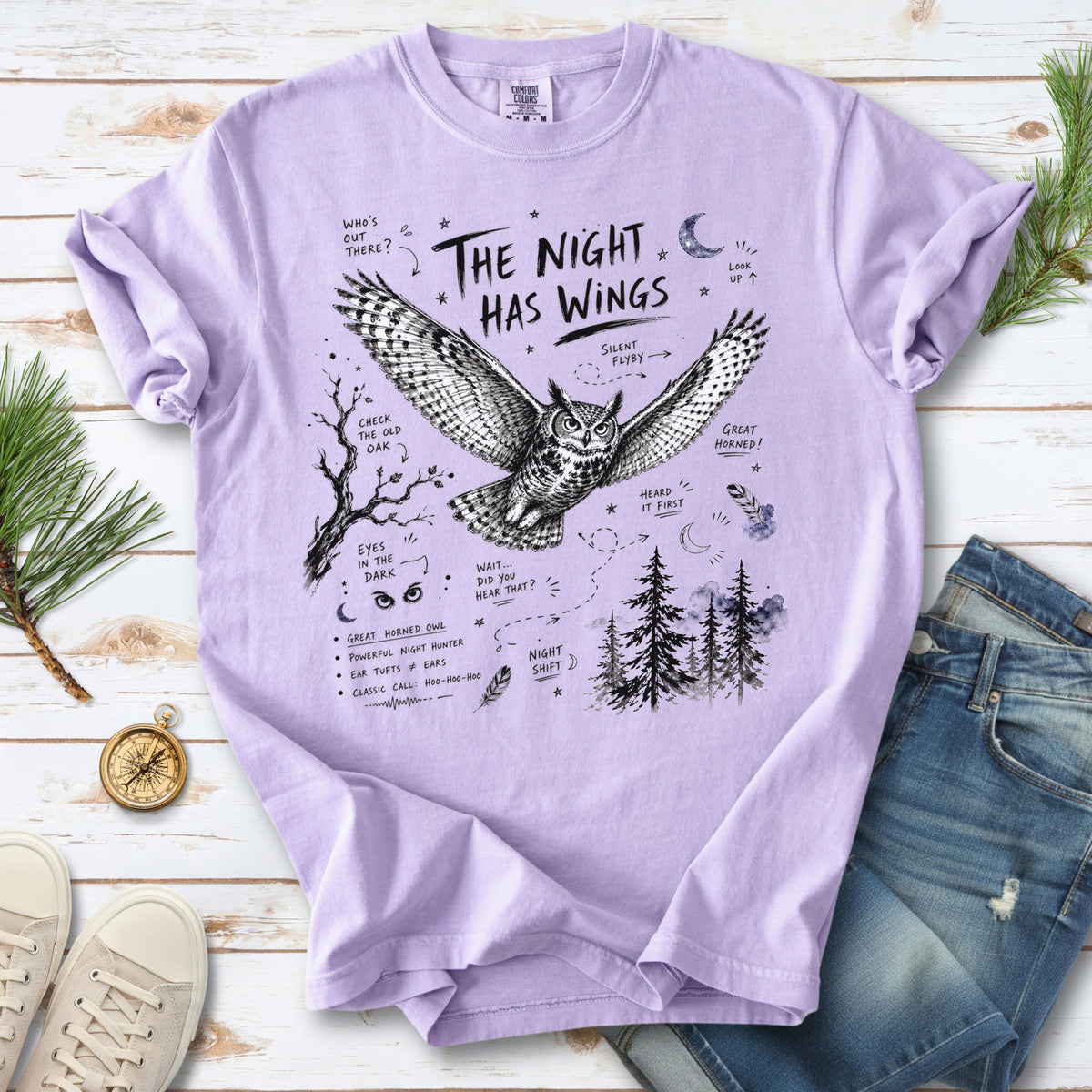 The Night Has Wings Comfort Colors Shirt – Great Horned Owl Tee
