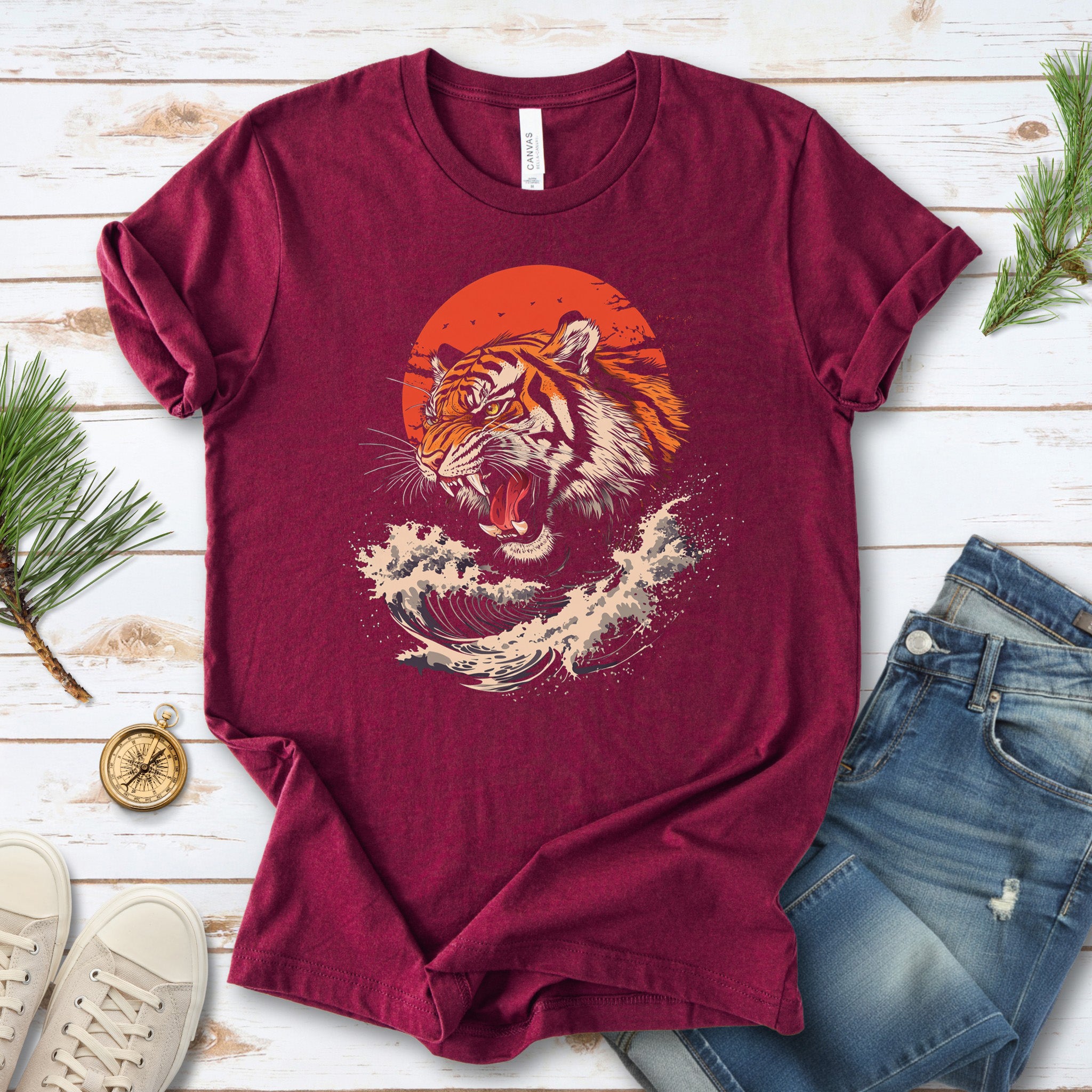 Roaring Tiger Waves T-Shirt – Colorful Japanese Style Animal Shirt