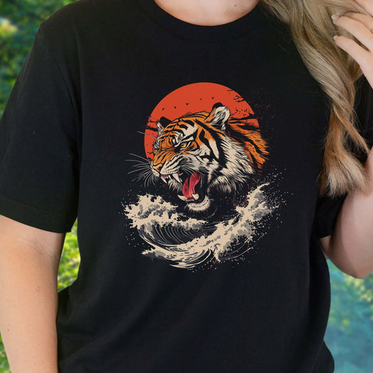 Roaring Tiger Waves T-Shirt – Colorful Japanese Style Animal Shirt
