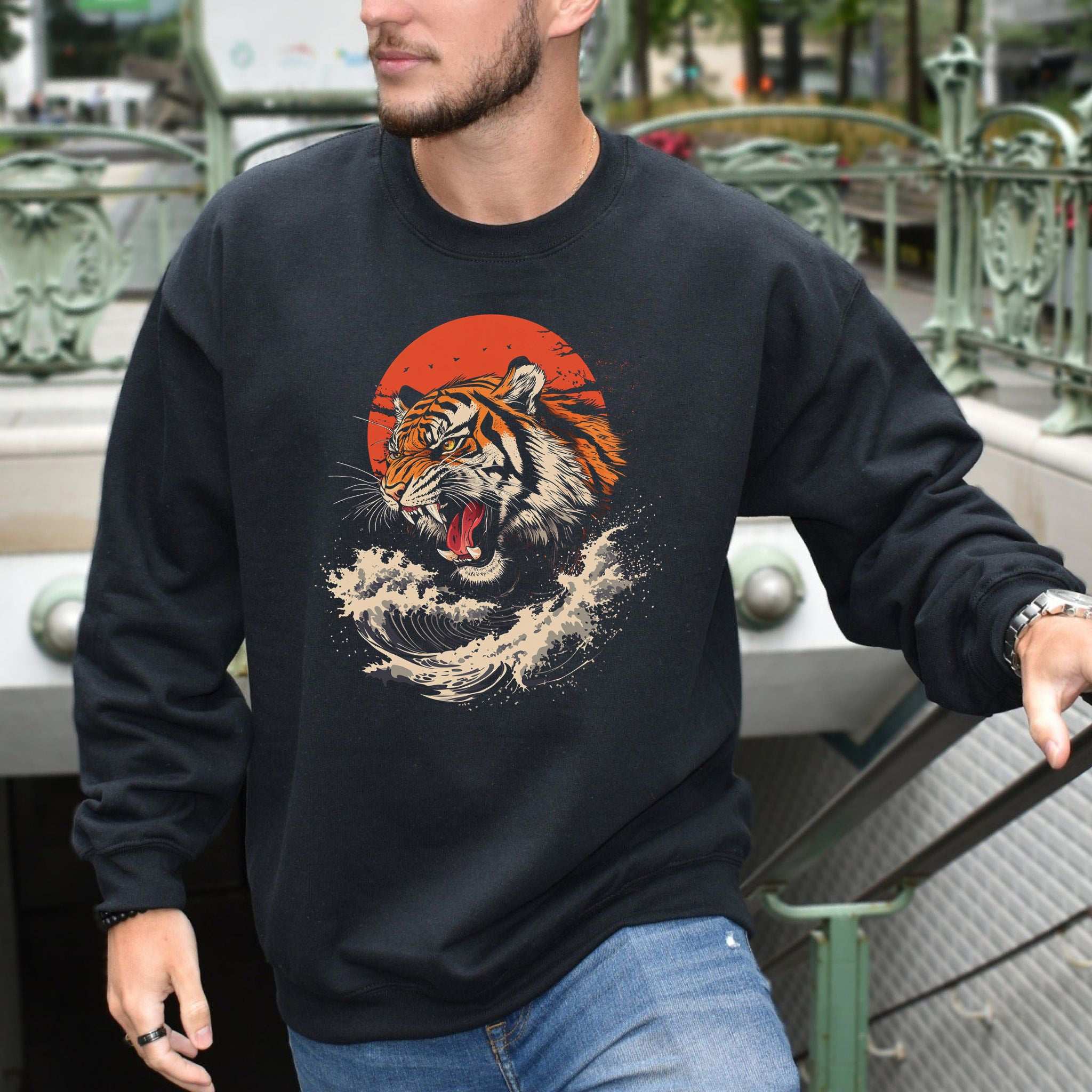Roaring Tiger Waves Sweatshirt – Colorful Japanese Style Animal Art