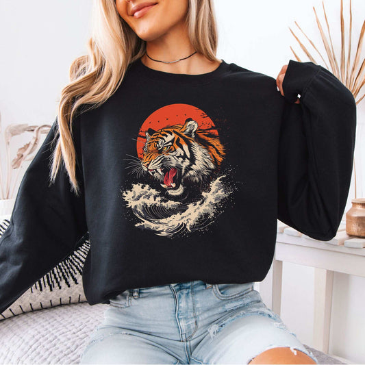 Roaring Tiger Waves Sweatshirt – Colorful Japanese Style Animal Art