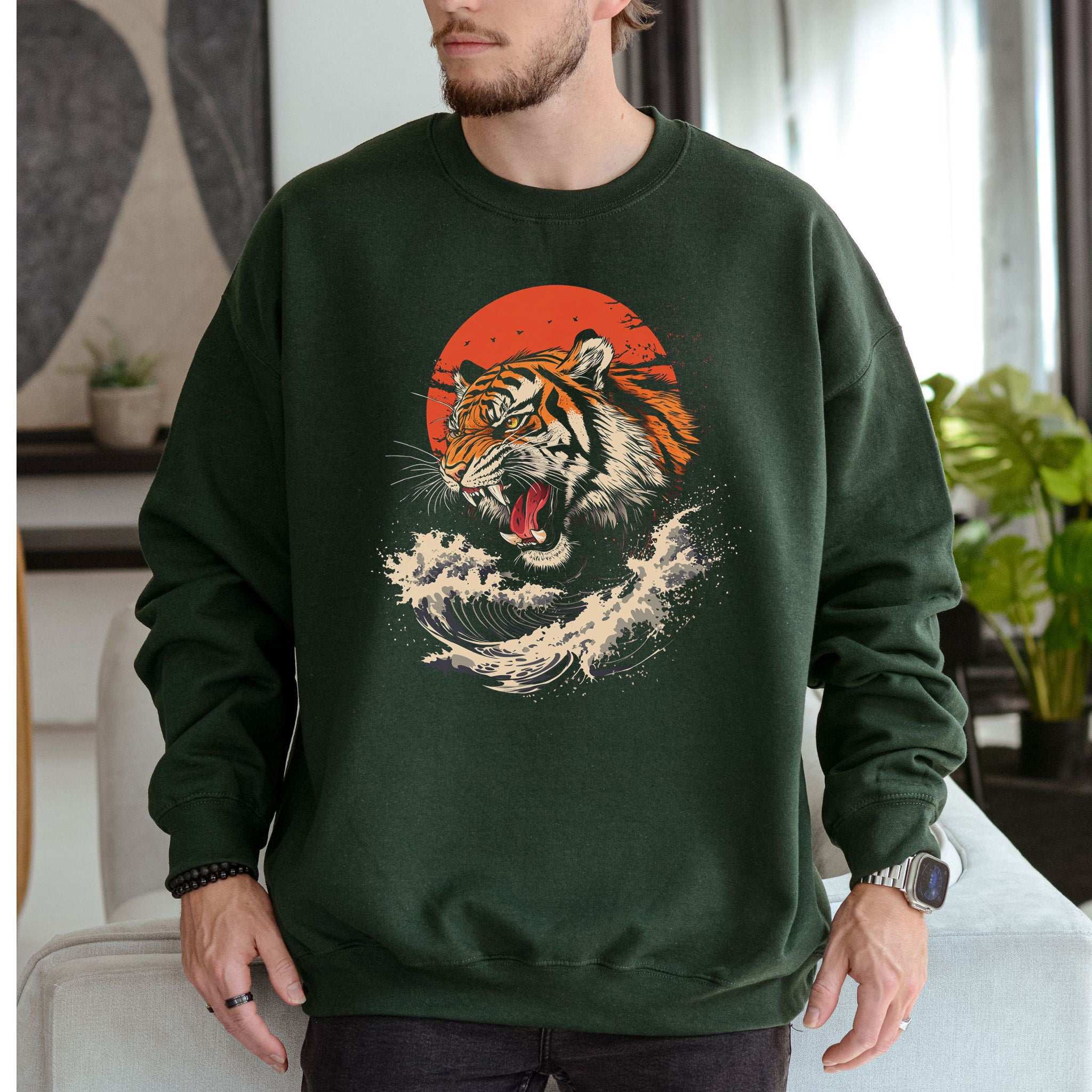 Roaring Tiger Waves Sweatshirt – Colorful Japanese Style Animal Art